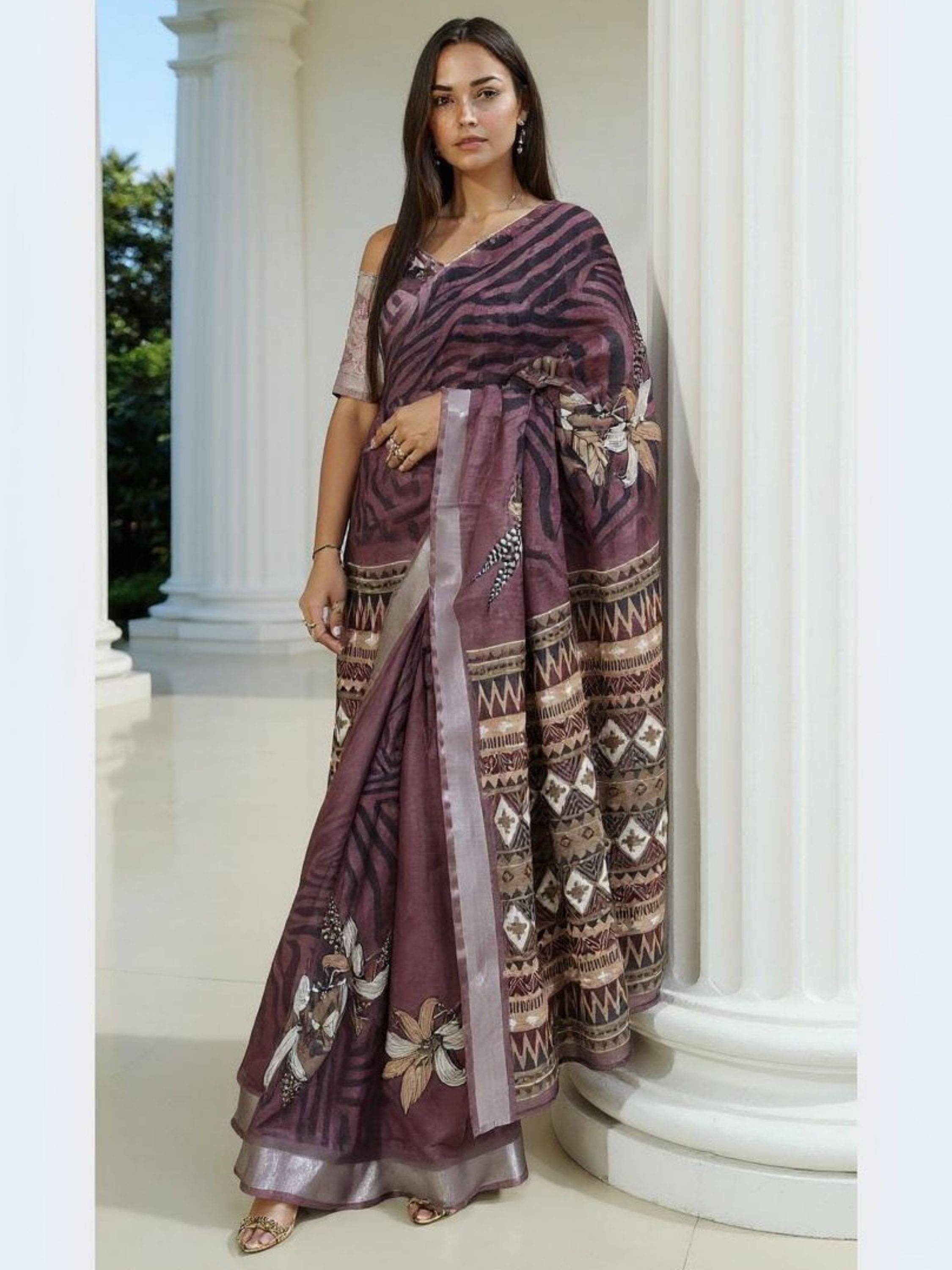 Niza Fashion Cotton Printed Regular Saree With Unstitched Blouse Piece ( Burgundy ) Niza Fashion Cotton Printed Regular Saree With Unstitched Blouse Piece ( Burgundy )