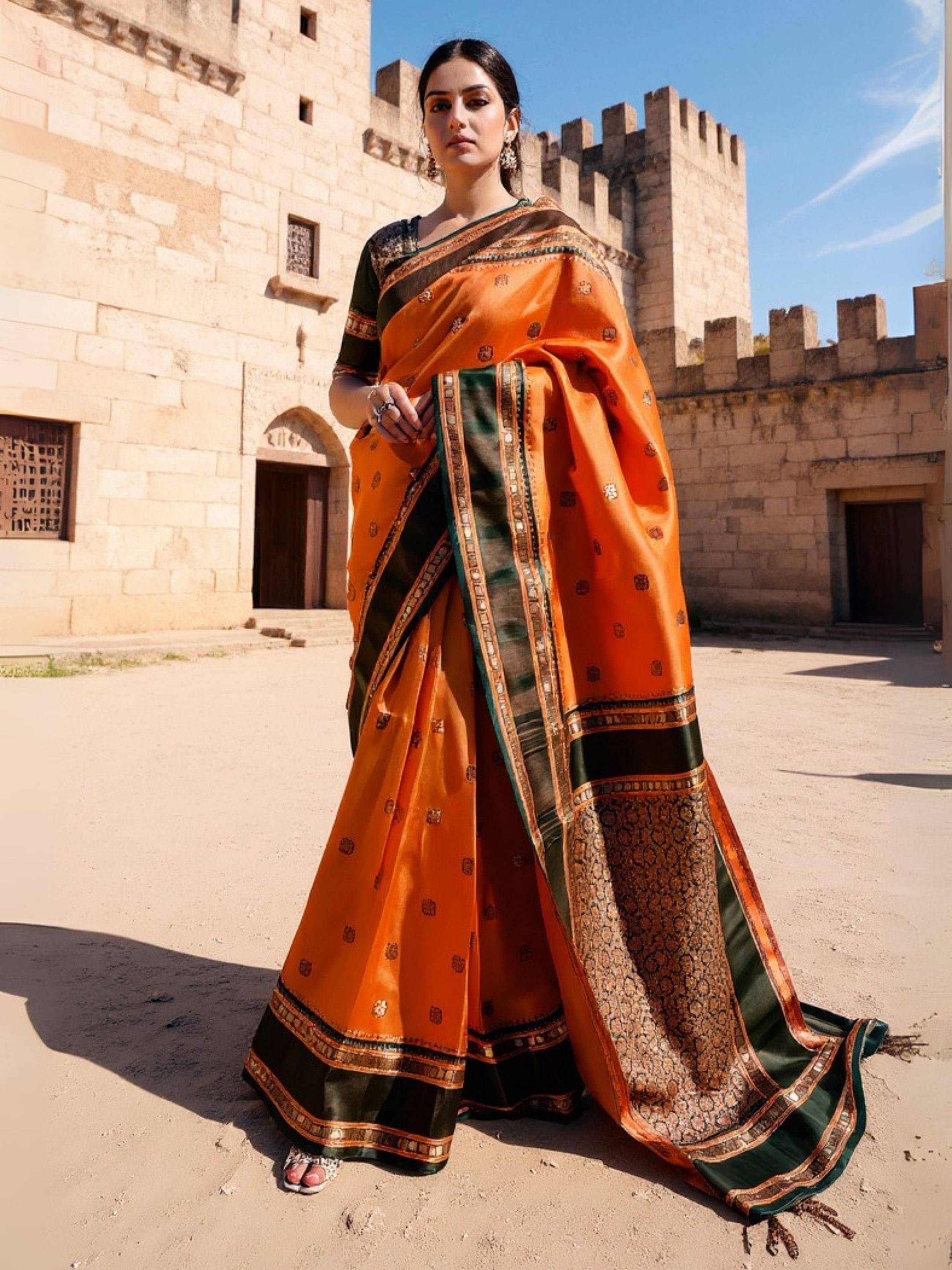     			Niza Fashion Jacquard Woven Regular Saree With Unstitched Blouse Piece ( Orange )