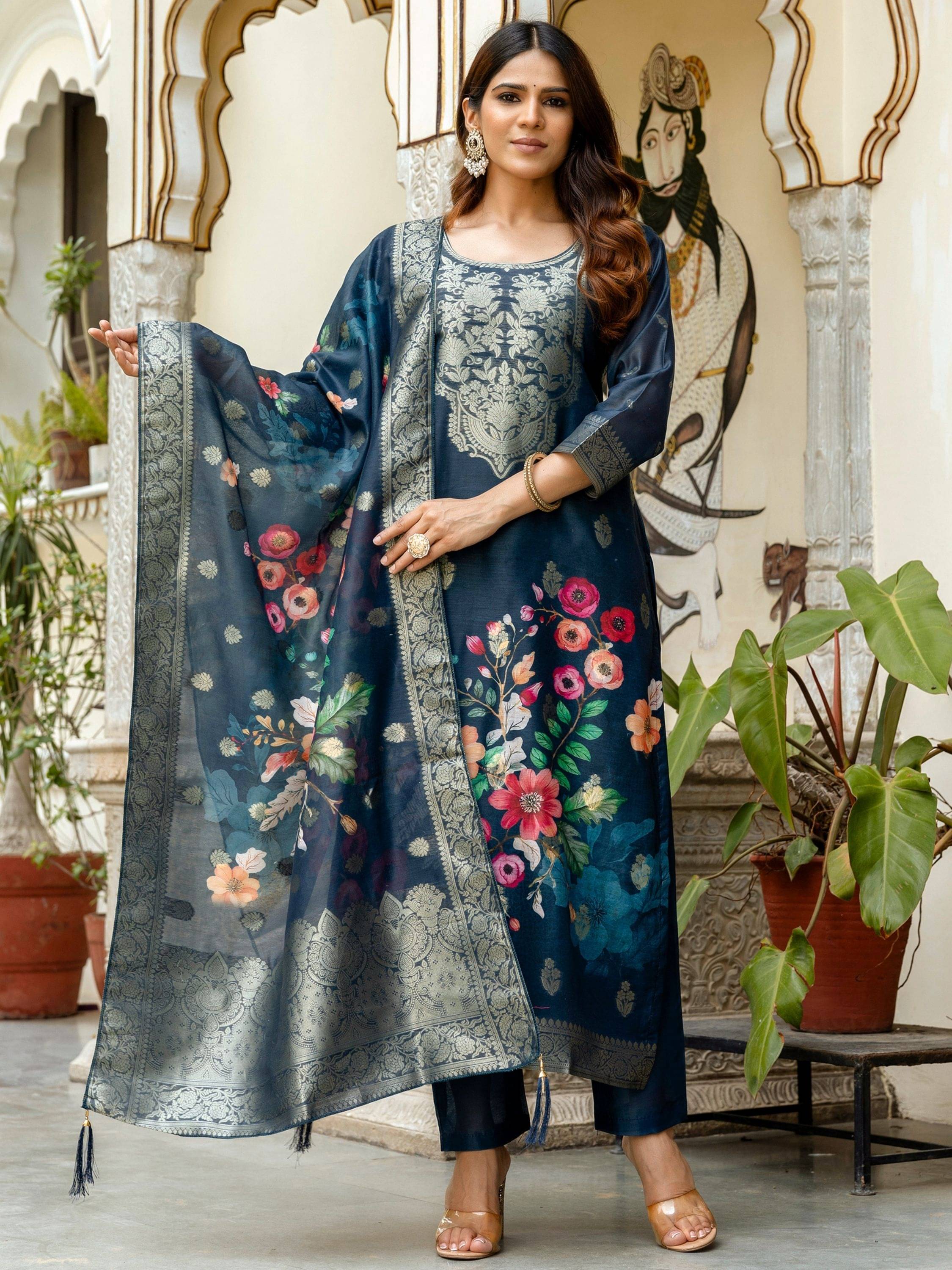 Niza Fashion Women Banarasi Embroidered Straight Kurti With Pants ( Navy )     			Niza Fashion Women Banarasi Embroidered Straight Kurti With Pants ( Navy )