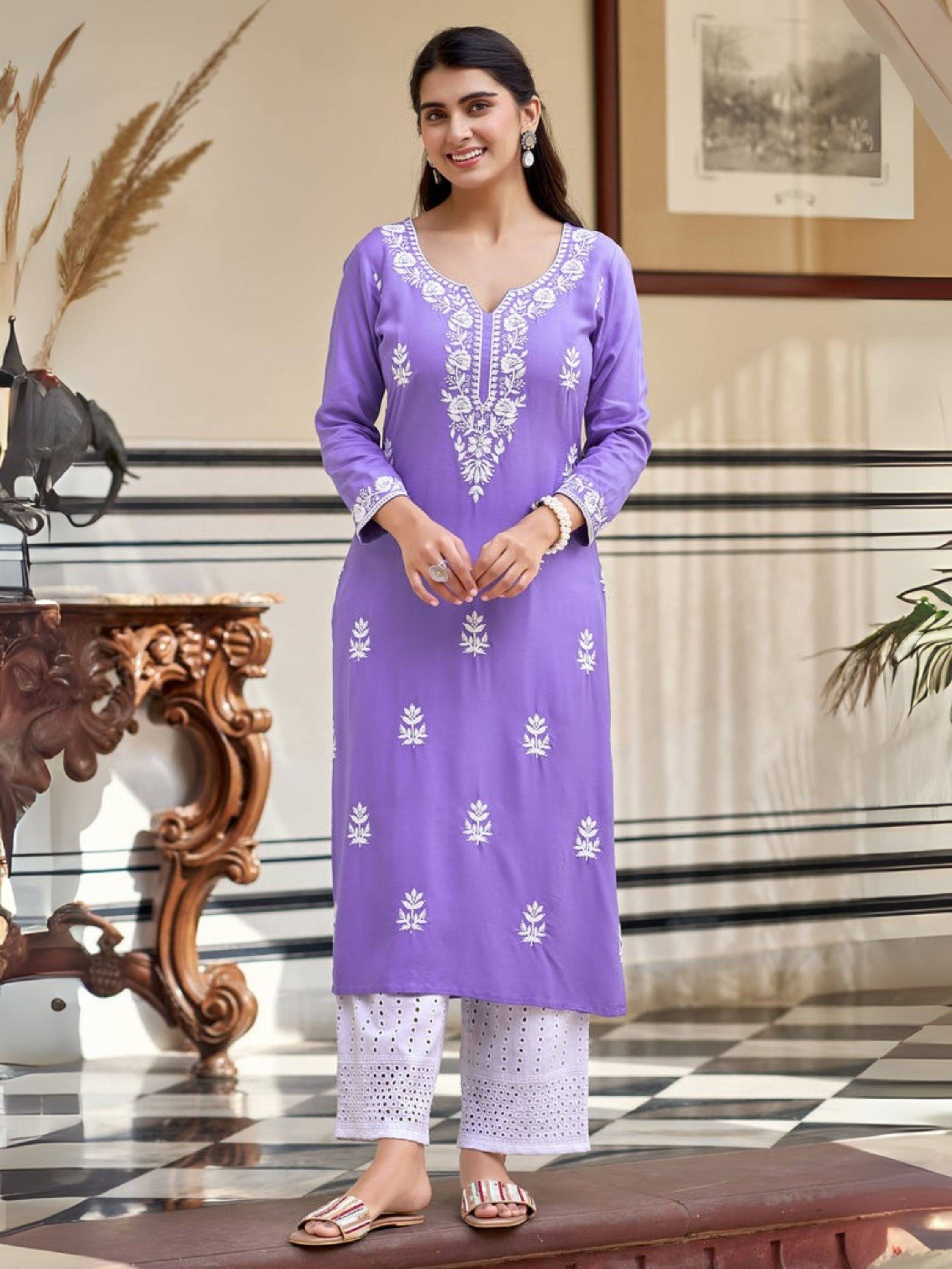     			Niza Fashion Women Rayon Embroidered Straight Kurti With Pants ( Lavender )