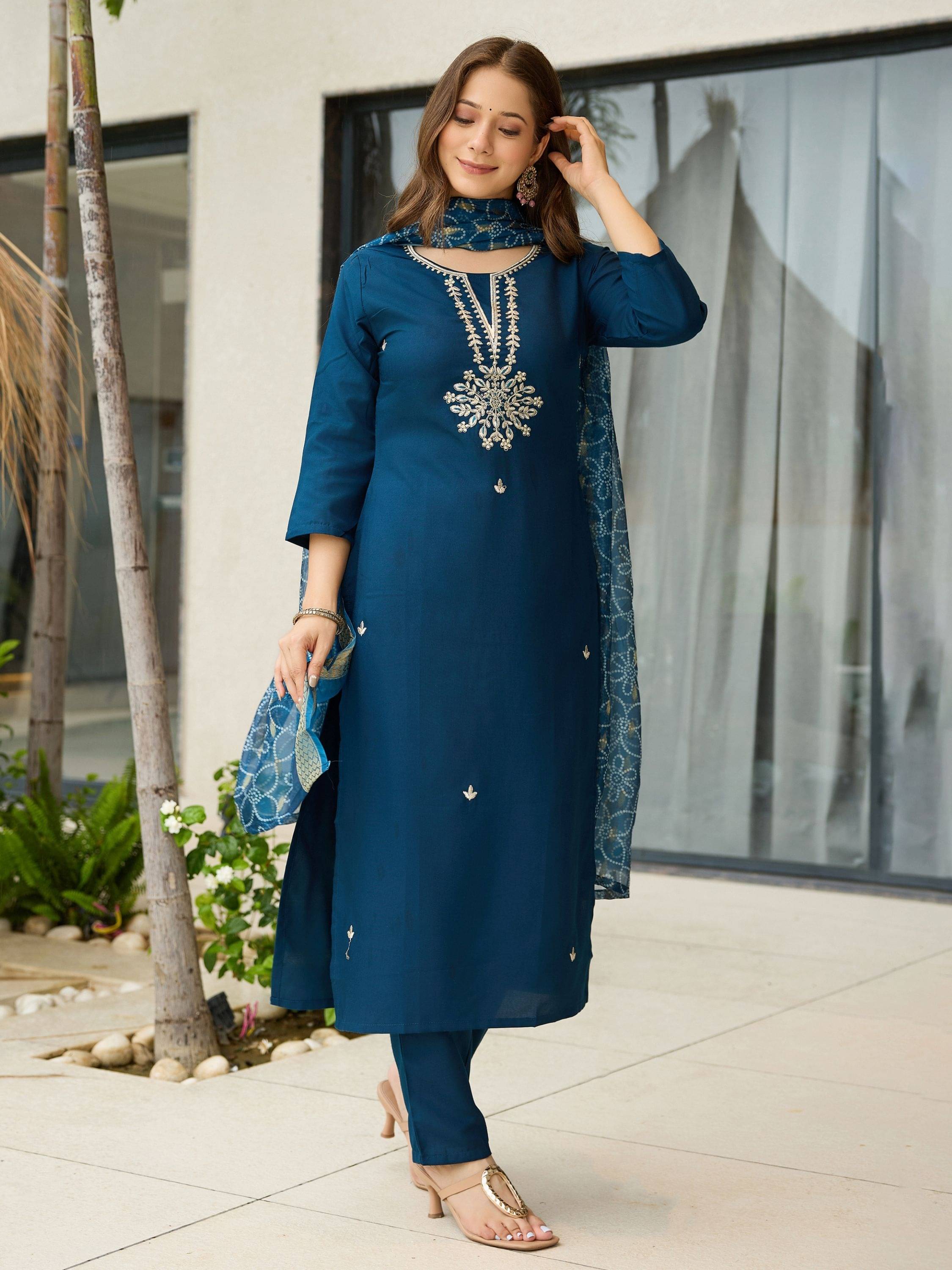     			Niza Fashion Women Rayon Embroidered Straight Kurti With Pants ( Blue )