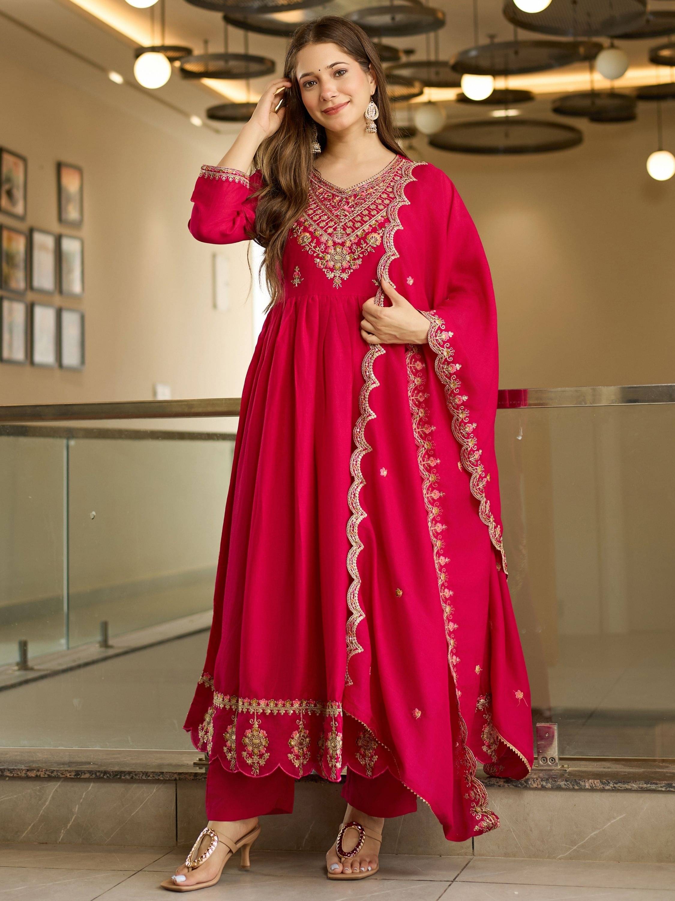     			Niza Fashion Women Silk Embroidered Straight Kurti With Pants ( Pink )