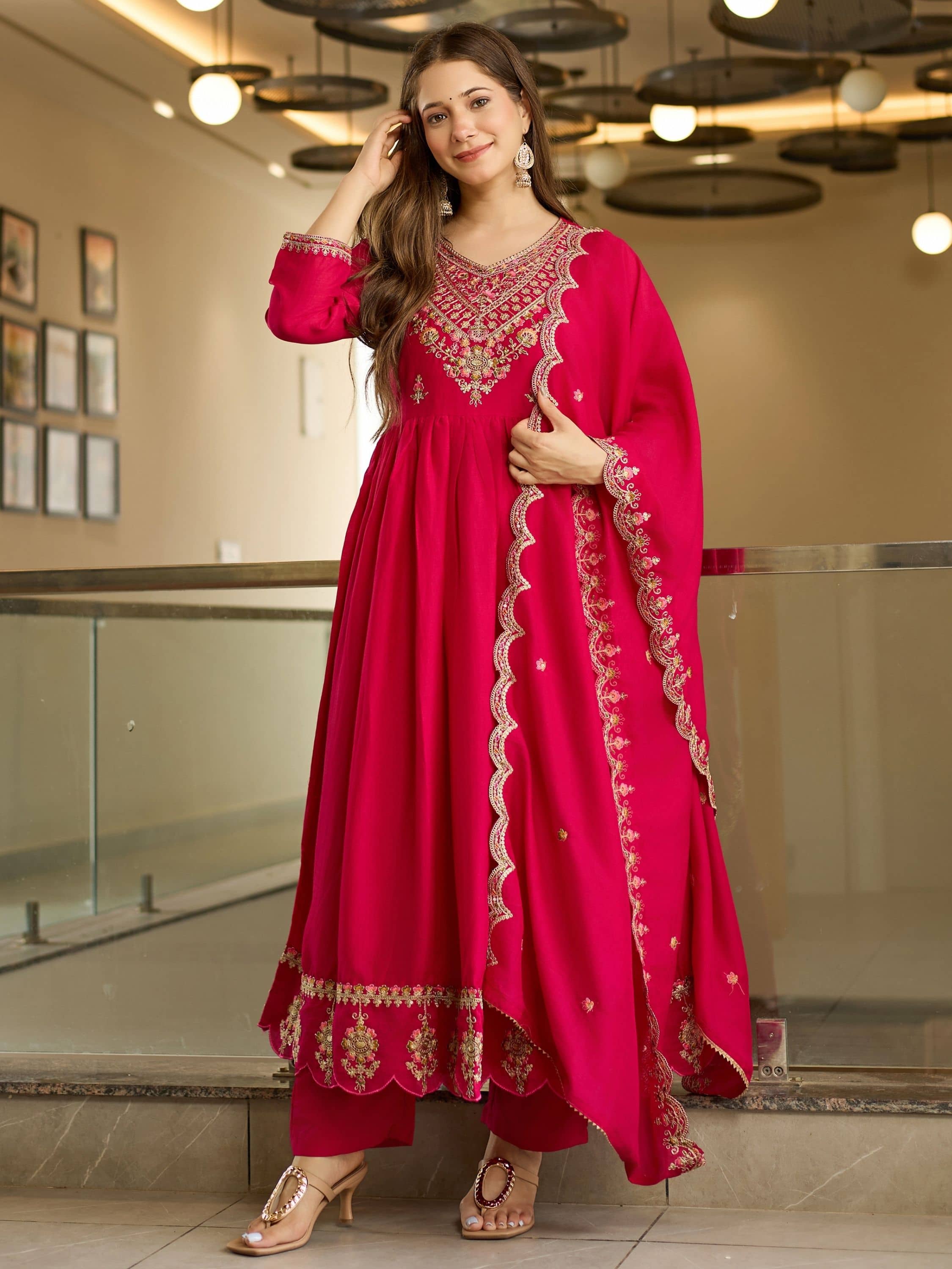 Niza Fashion Women Silk Embroidered Straight Kurti With Pants ( Pink )