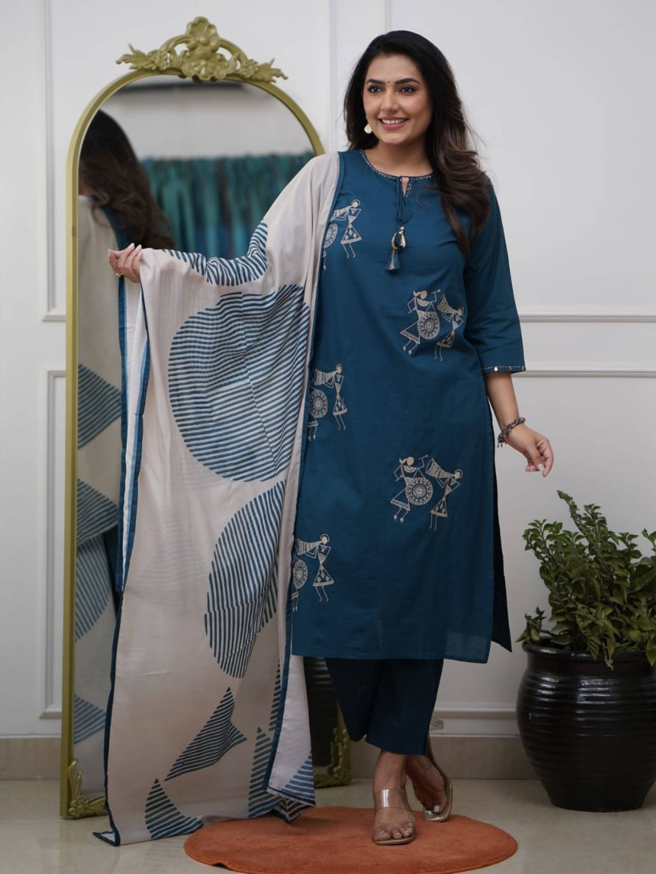     			Niza Fashion Women Silk Embroidered Straight Kurti With Pants ( Blue )