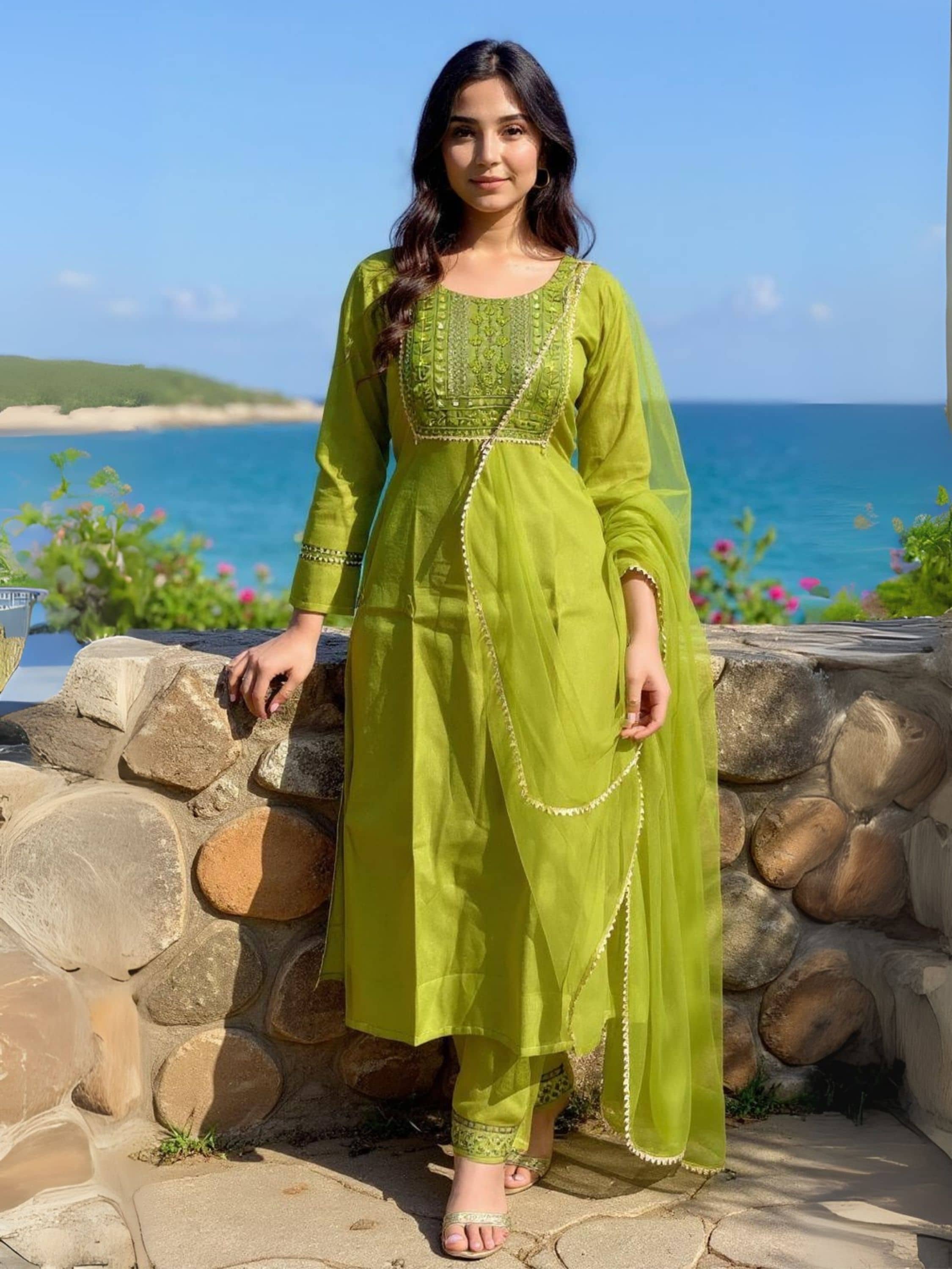 Niza Fashion Women Silk Embroidered Straight Kurti With Pants ( Olive )