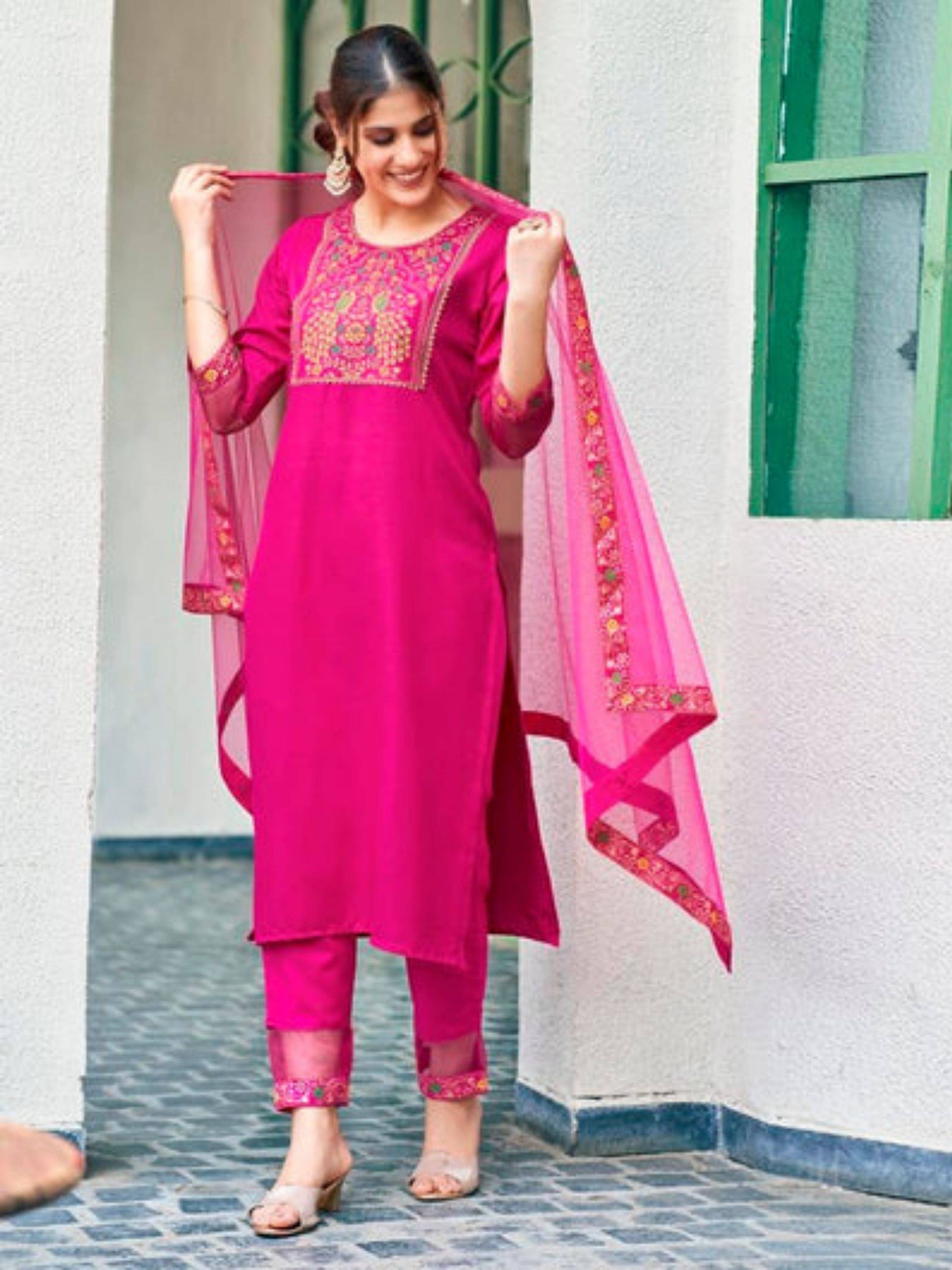     			Niza Fashion Women Viscose Embroidered Straight Kurti With Pants ( Pink )