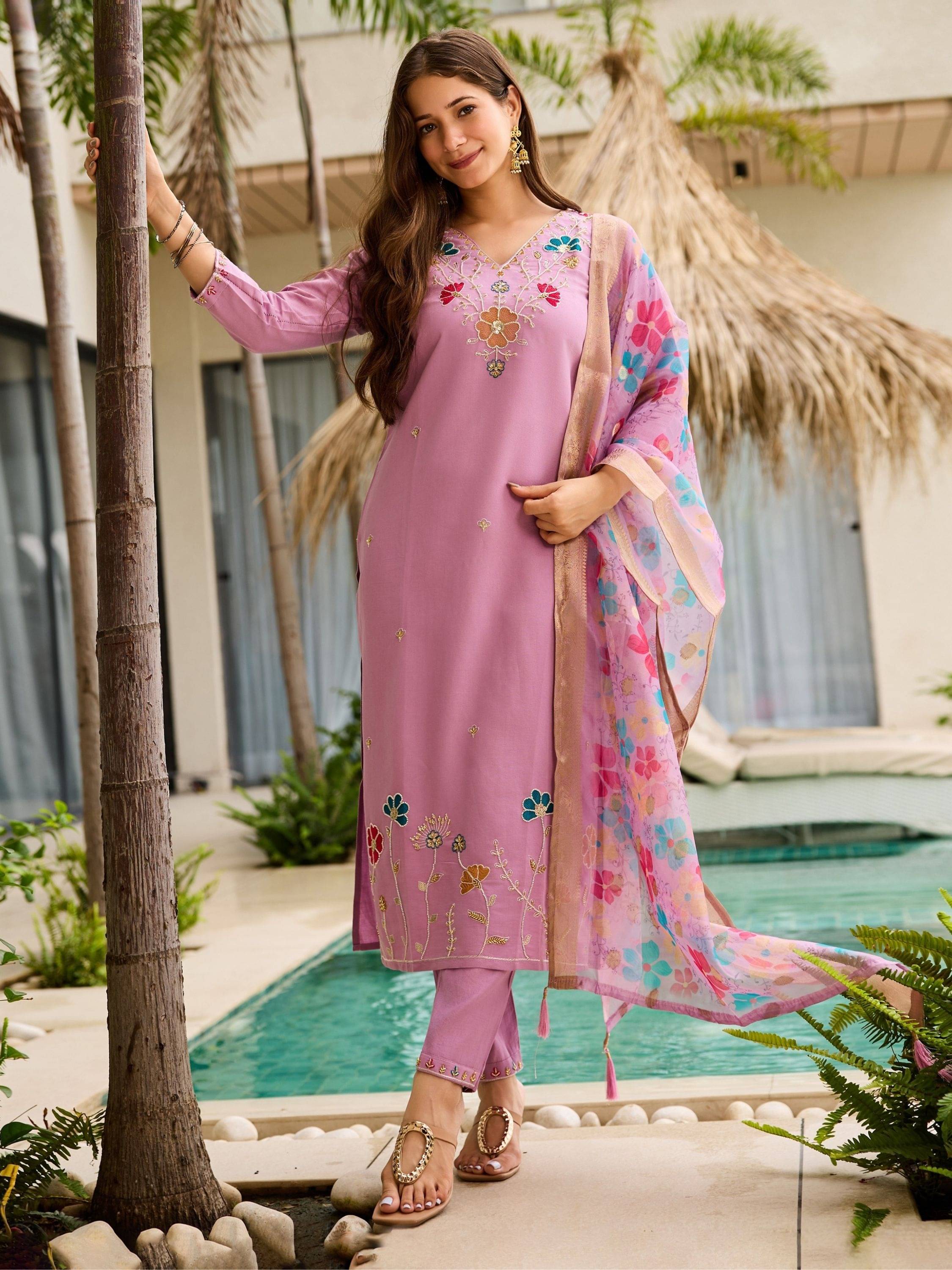     			Niza Fashion Women Viscose Embroidered Straight Kurti With Pants ( Lavender )