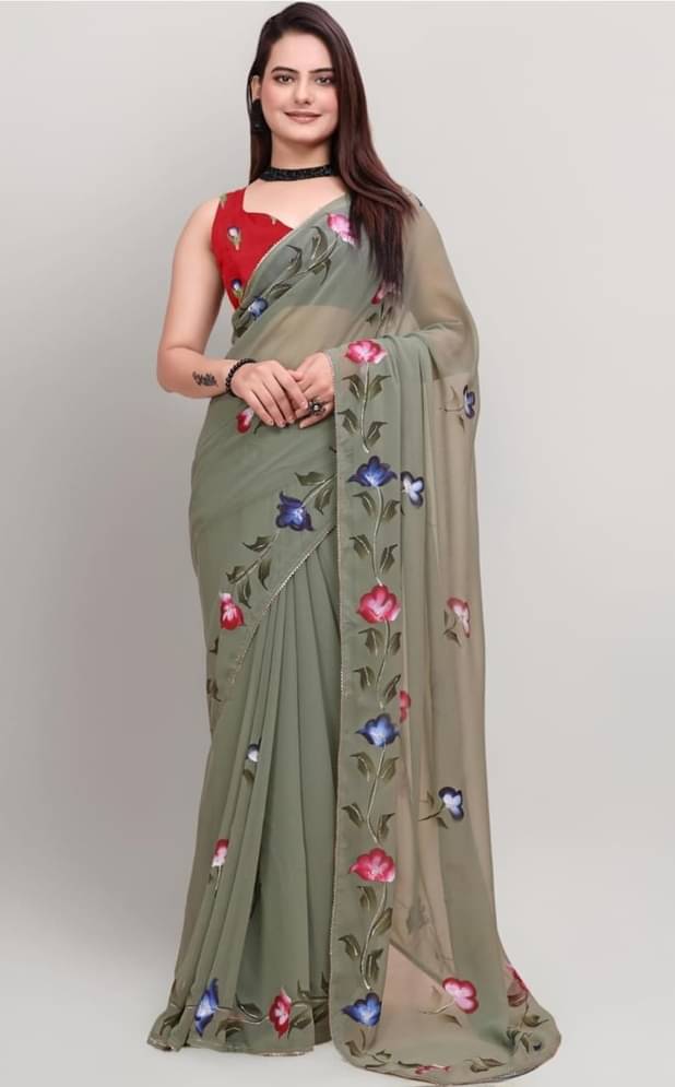     			No Georgette Printed Regular Saree With Unstitched Blouse Piece ( Grey Melange )