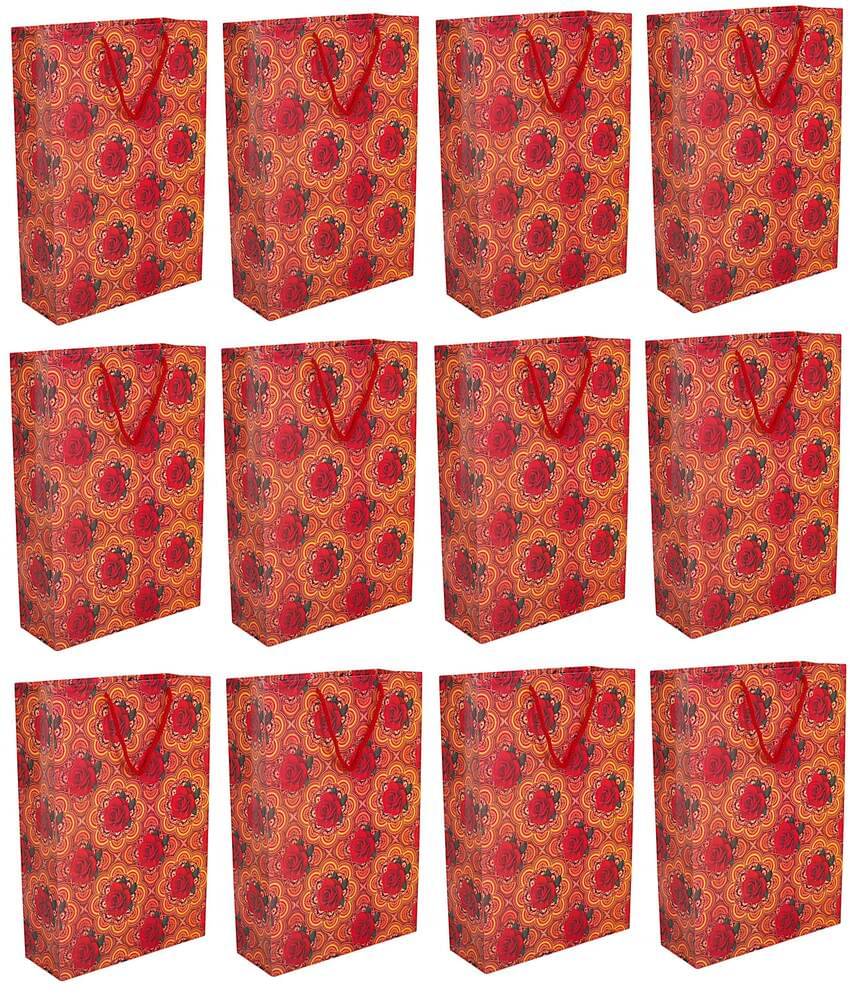     			Pack of 12pcs ( Each 10X14.5X3.75 inches) Art Rose Flower Printed Paper Gift Bags for Return Gifts | Weddings | Birthday | Holiday Gifting & Presents (200 GSM)