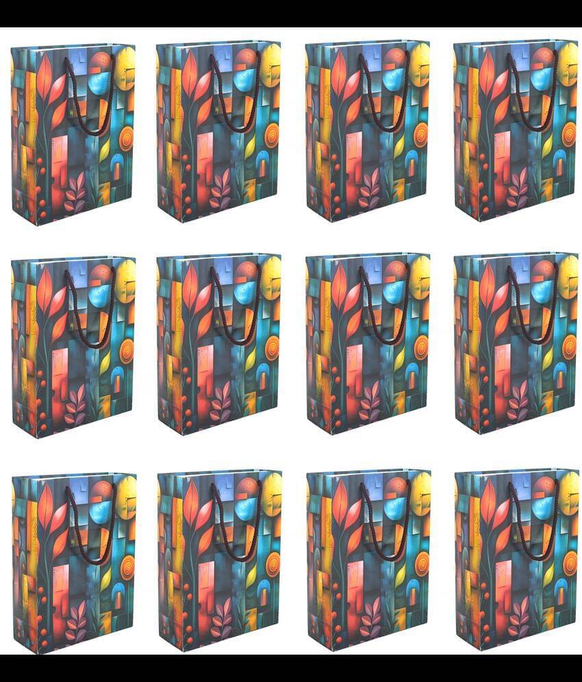     			Pack of 12pcs ( Each 10X8X3. inches) Floral Printed Thank You Paper Gift Bags, Paper Carry Bags For Birthday Gift, (200 GSM)