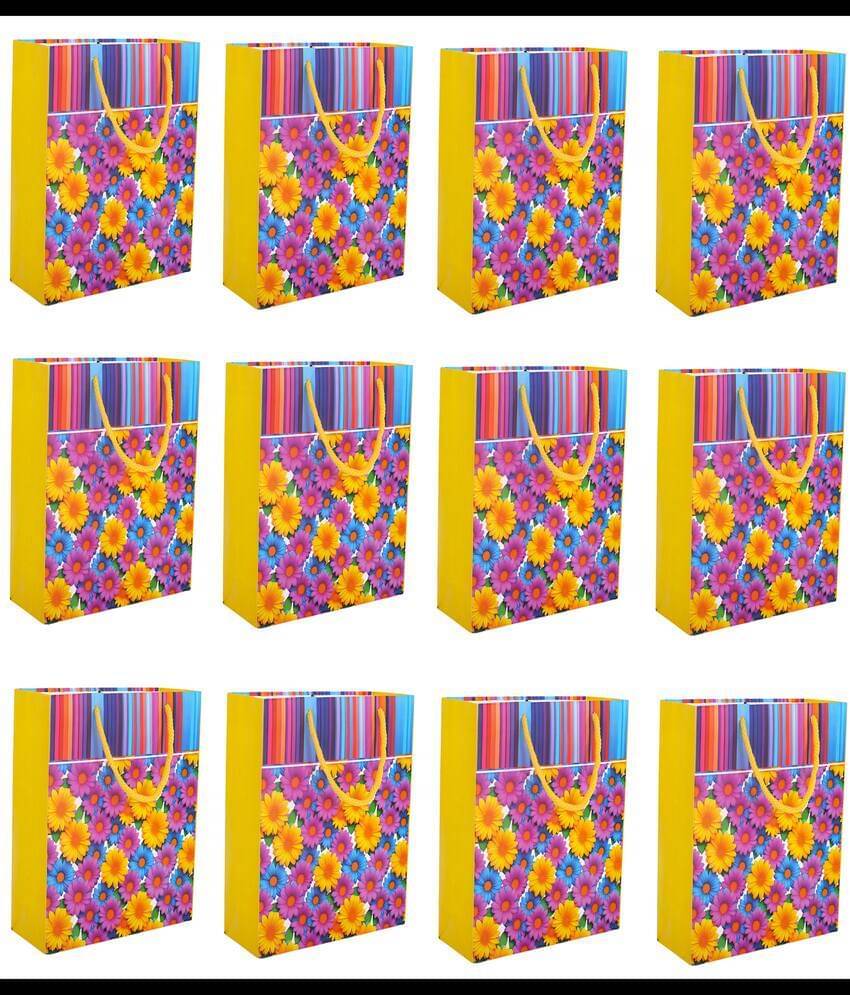     			Pack of 12pcs ( Each 10X8X3. inches) Floral Printed Thank You Paper Gift Bags, Paper Carry Bags For Birthday Gift, (200 GSM)