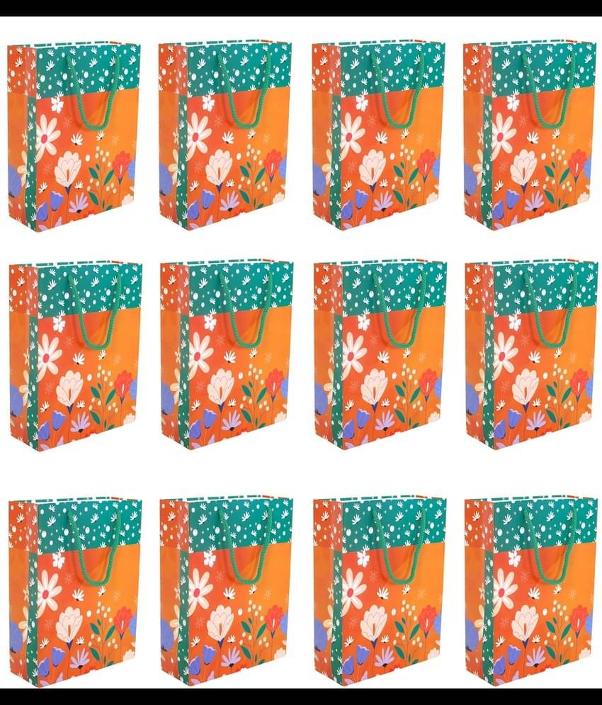     			Pack of 12pcs ( Each 10X8X3. inches) Floral Printed Thank You Paper Gift Bags, Paper Carry Bags For Birthday Gift, (200 GSM)