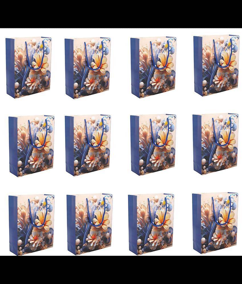     			Pack of 12pcs ( Each 10X8X3. inches) Floral Printed Thank You Paper Gift Bags, Paper Carry Bags For Birthday Gift, (200 GSM)