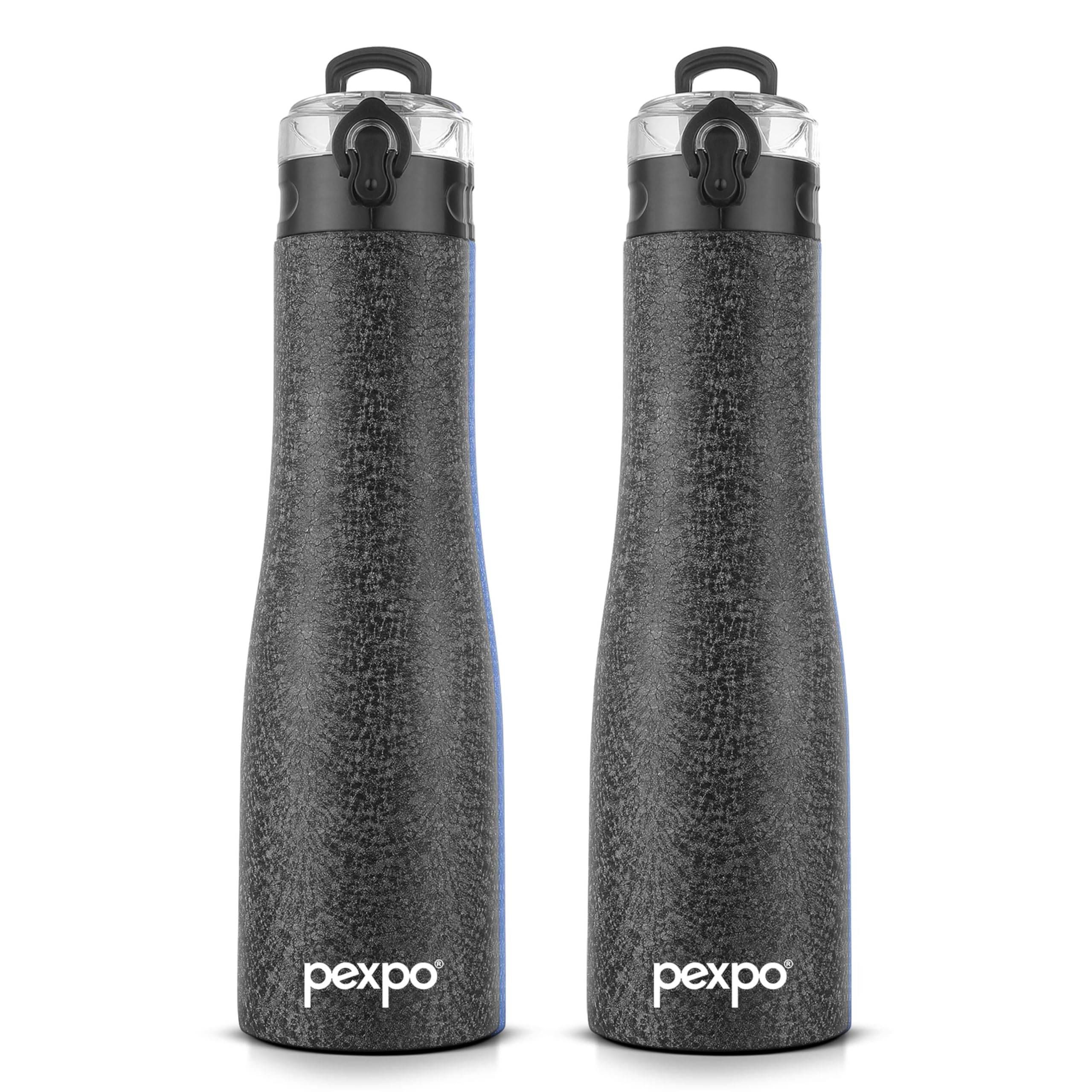     			Pexpo 1000 ml Stainless Steel Sports Water Bottle, Push Button Cap (Set of 2, Black, Monaco)