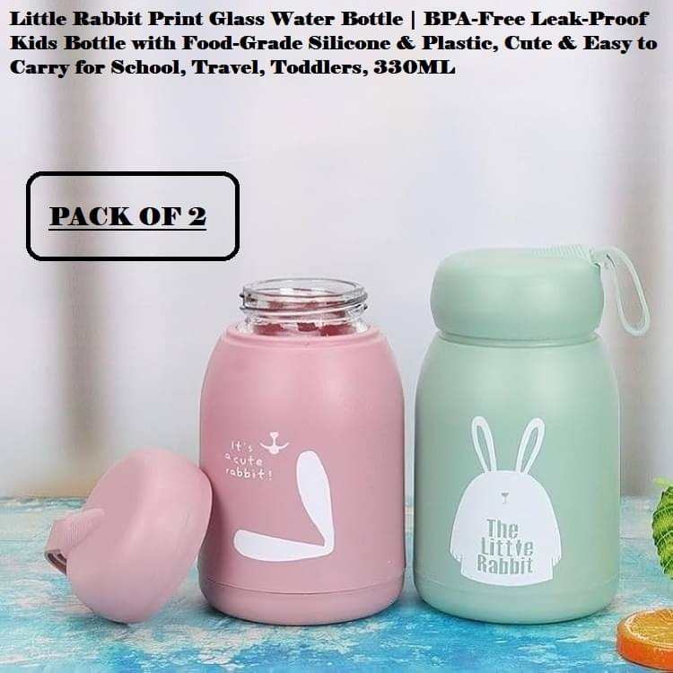     			Purple Dust Little Rabbit Print Glass Water Bottle | BPA-Free Leak-Proof Kids Bottle with Food-Grade Silicone & Plastic (330ML, Pack of 2, Multicolor)