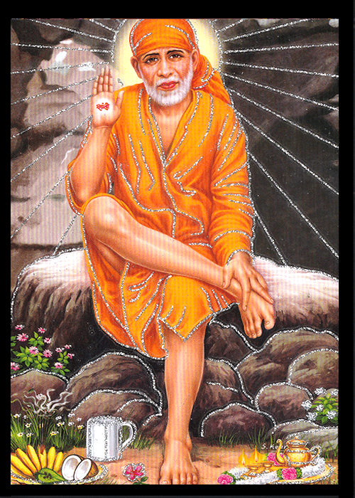     			SHIRDI SAI BABA Sparkled Laminated Photo 5 (Width) x 7 (Length) inch on Wooden Base With Back Support Mount