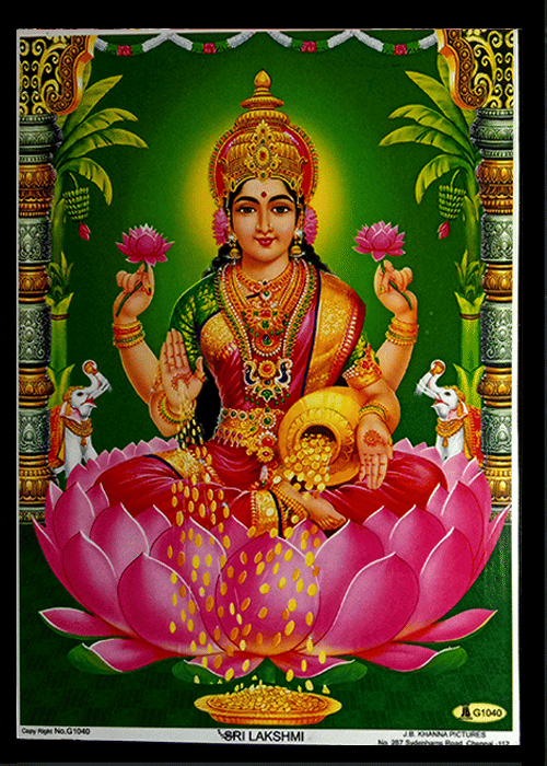     			SRI MAHALAKSHMI MATA Sparkled Laminated Photo 5 (Width) x 7 (Length) inch on Wooden Base With Back Support Mount