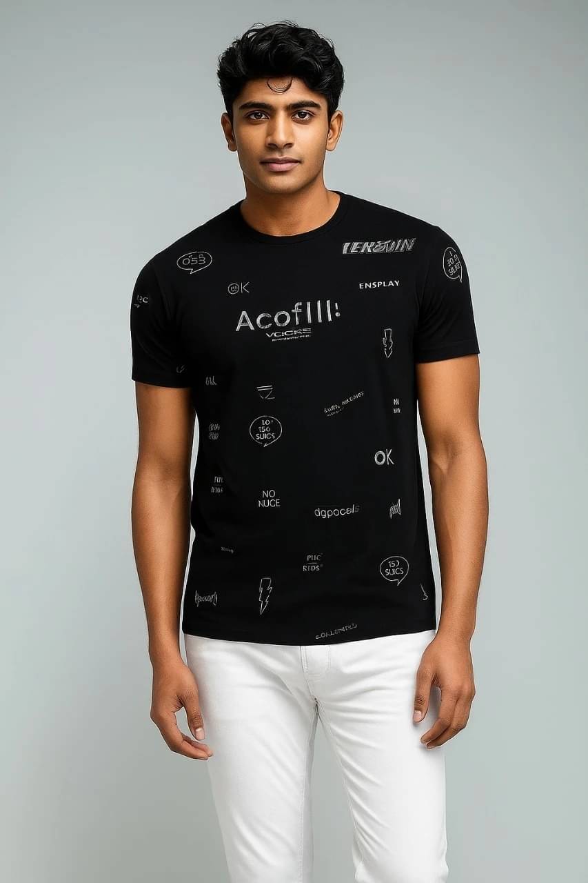 Tees And Tones Men Cotton Blend Regular Fit Printed T-Shirt ( Black )     			Tees And Tones Men Cotton Blend Regular Fit Printed T-Shirt ( Black )