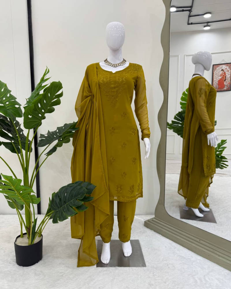 Topshop Fashion Women Georgette Embroidered A-line Kurti With Pants ( Yellow )     			Topshop Fashion Women Georgette Embroidered A-line Kurti With Pants ( Yellow )