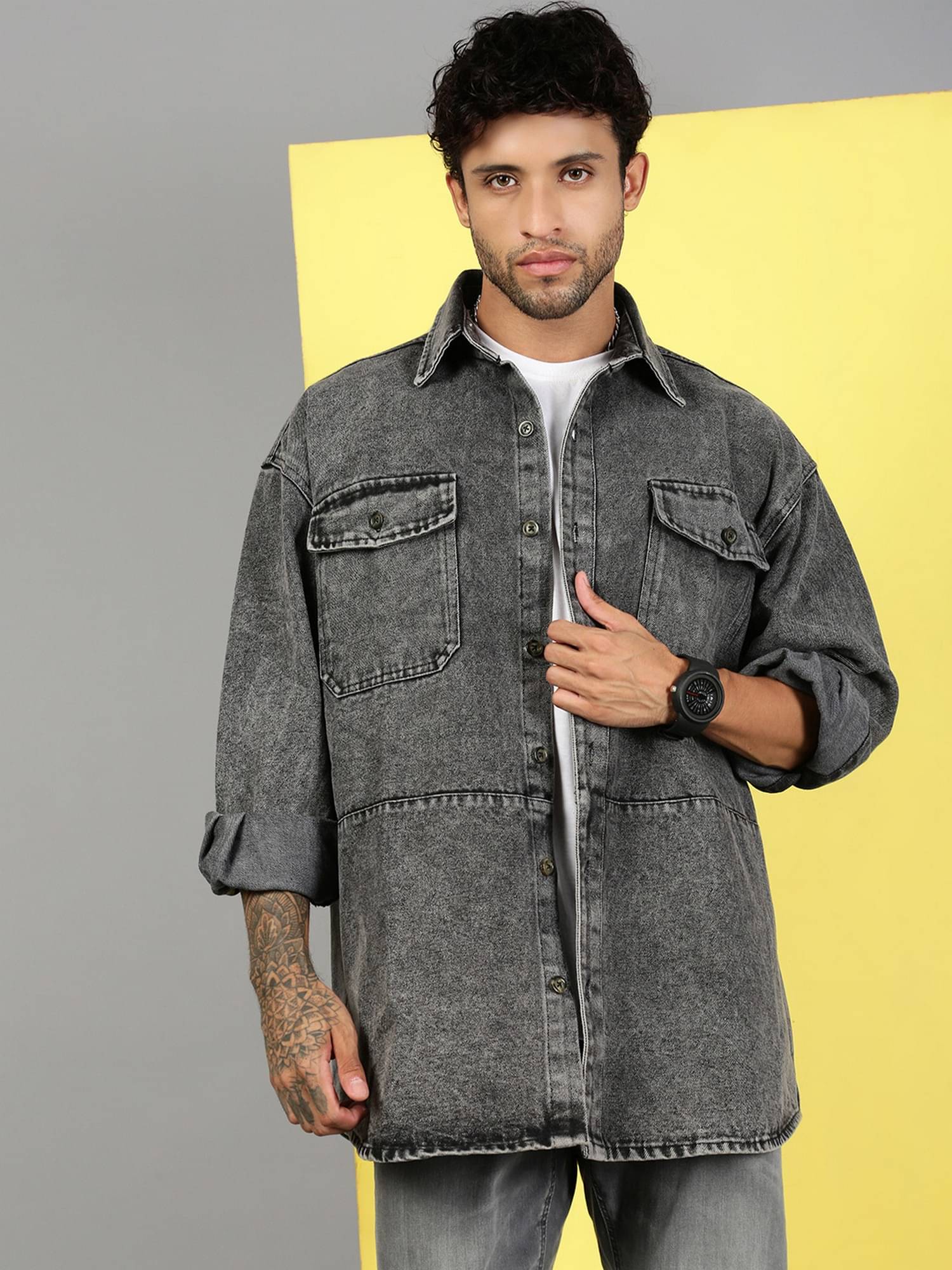     			VOGATI Denim Oversized Fit Dyed Full Sleeves Men's Casual Shirt - Grey ( Pack of 1 )