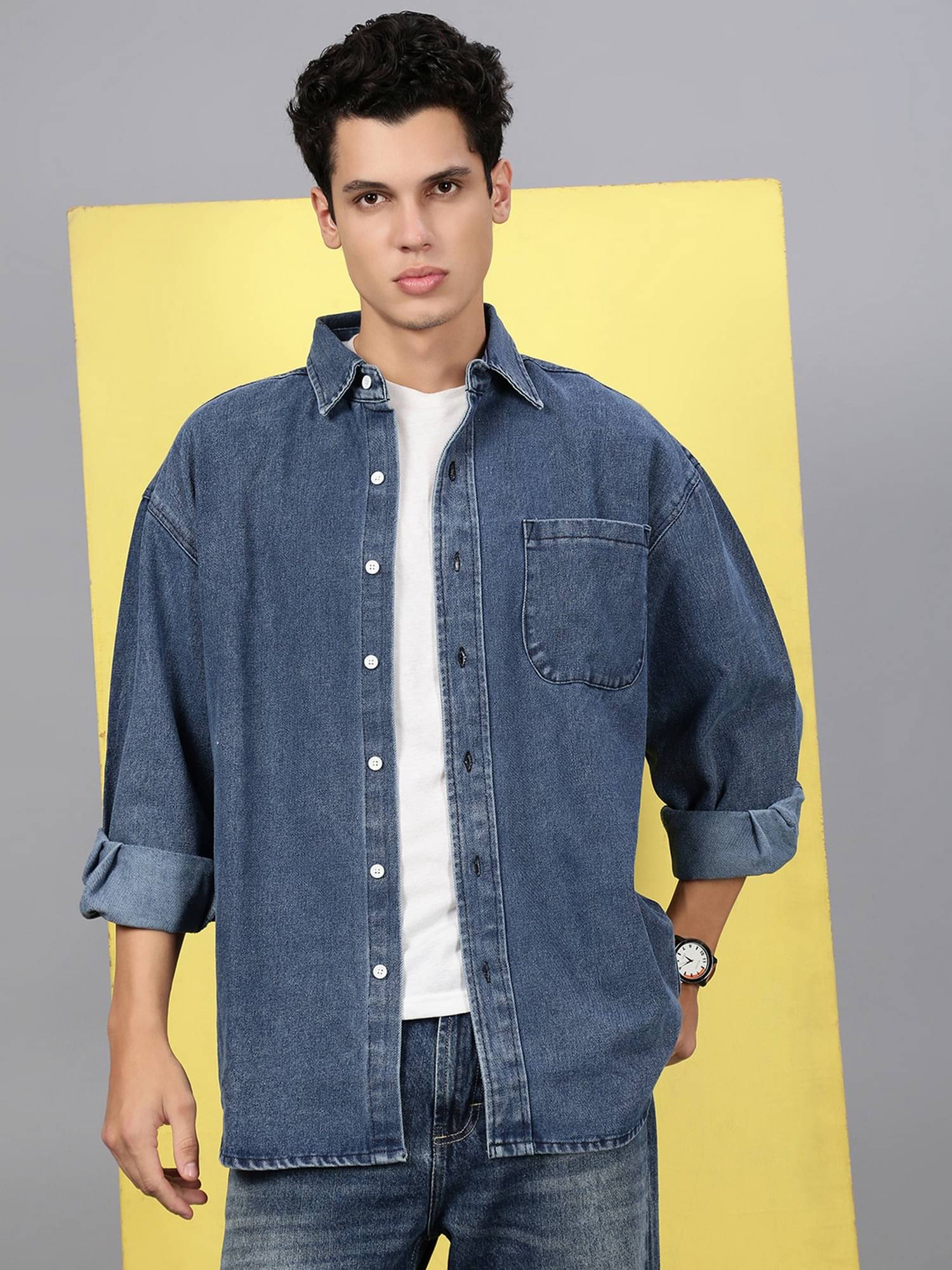     			VOGATI Denim Oversized Fit Dyed Full Sleeves Men's Casual Shirt - Blue ( Pack of 1 )