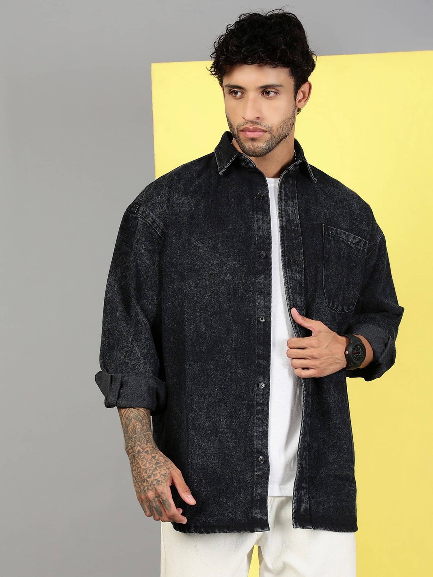 VOGATI Denim Oversized Fit Dyed Full Sleeves Men's Casual Shirt - Grey ( Pack of 1 )     			VOGATI Denim Oversized Fit Dyed Full Sleeves Men's Casual Shirt - Grey ( Pack of 1 )