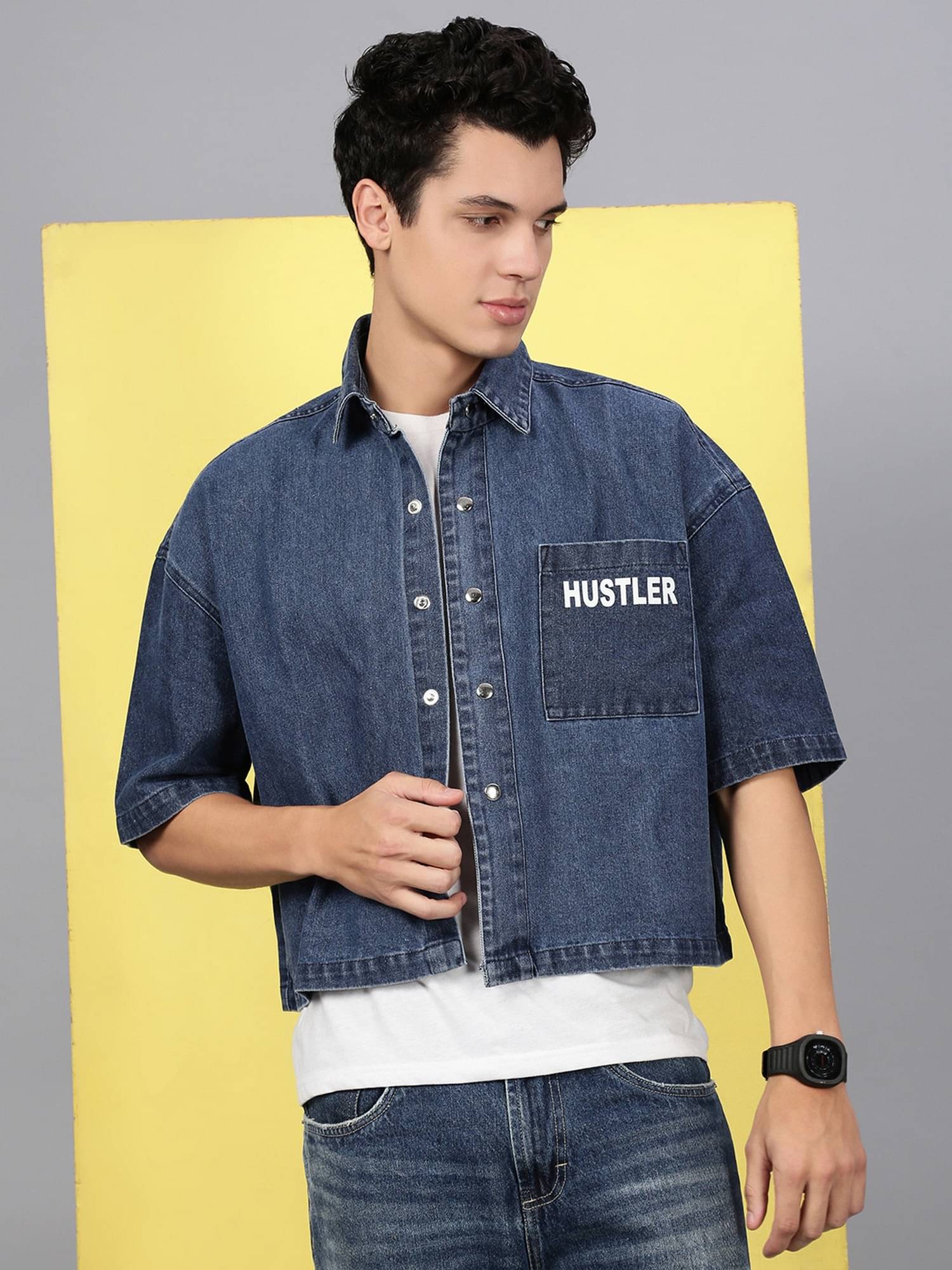 VOGATI Denim Oversized Fit Dyed Half Sleeves Men's Casual Shirt - Blue ( Pack of 1 )     			VOGATI Denim Oversized Fit Dyed Half Sleeves Men's Casual Shirt - Blue ( Pack of 1 )