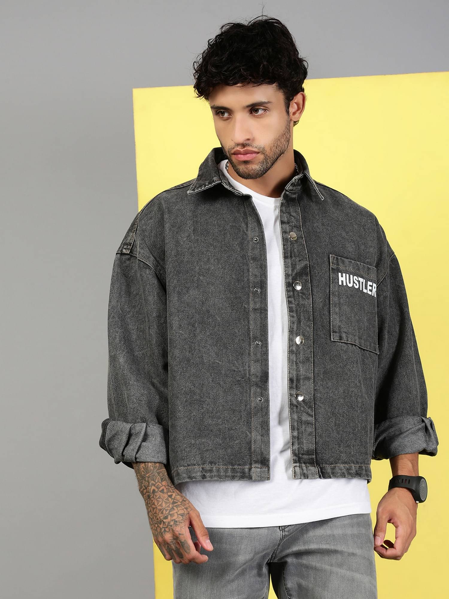     			VOGATI Denim Oversized Fit Dyed Full Sleeves Men's Casual Shirt - Grey ( Pack of 1 )