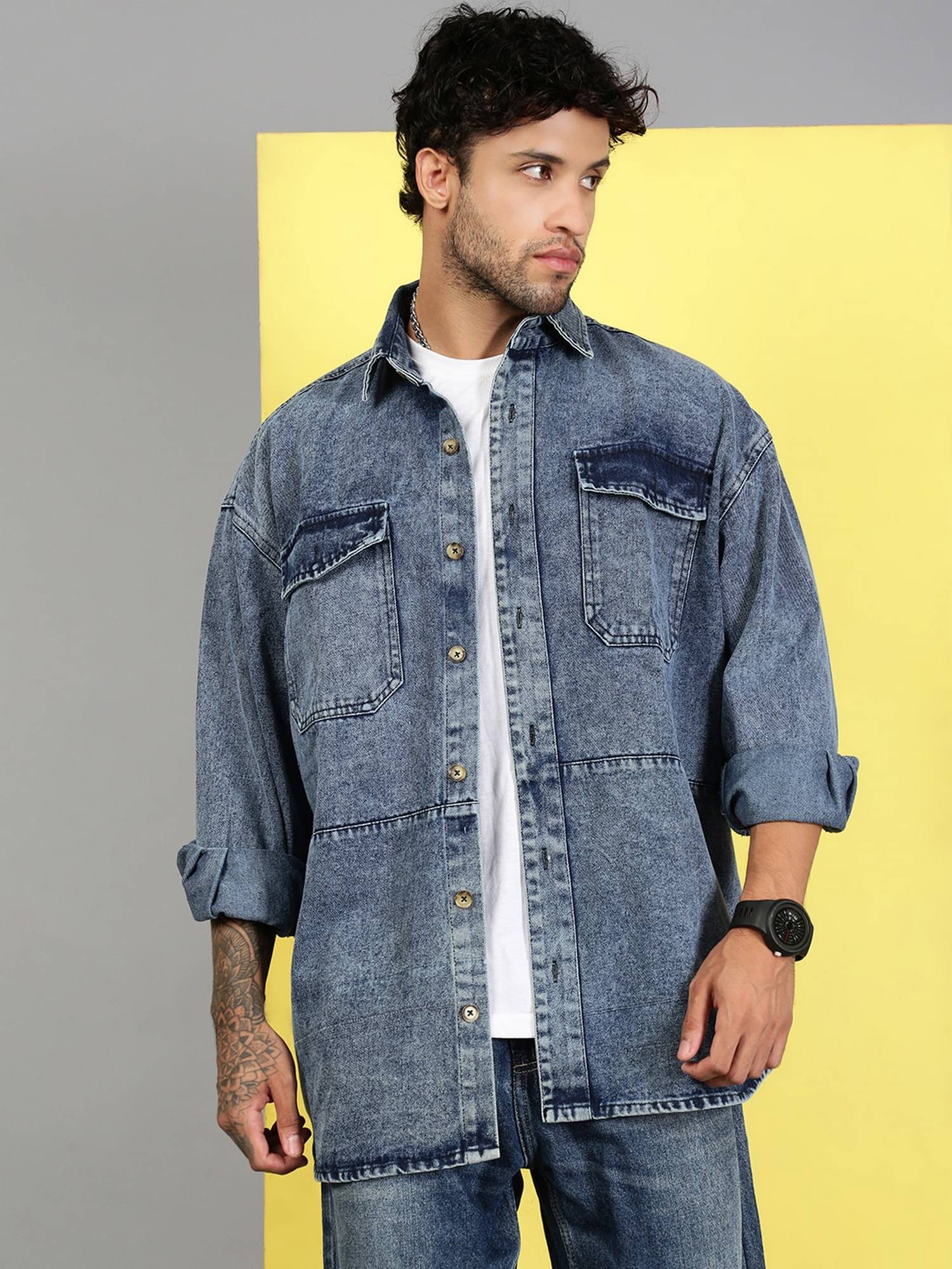 VOGATI Denim Oversized Fit Dyed Full Sleeves Men's Casual Shirt - Blue ( Pack of 1 )     			VOGATI Denim Oversized Fit Dyed Full Sleeves Men's Casual Shirt - Blue ( Pack of 1 )