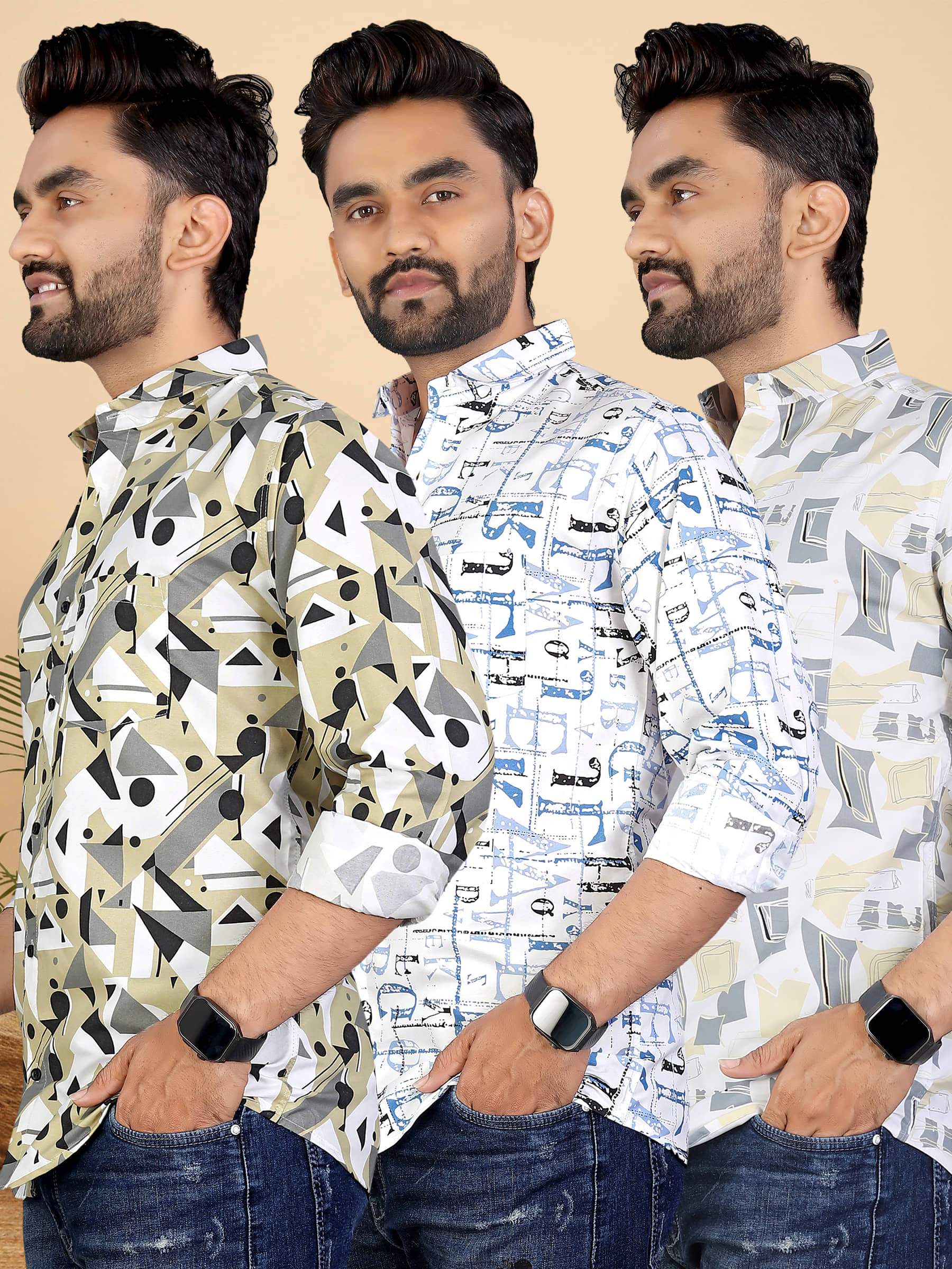 adwynpeter 100% Cotton Regular Fit Printed Full Sleeves Men's Casual Shirt - Multicolor 15 ( Pack of 3 )