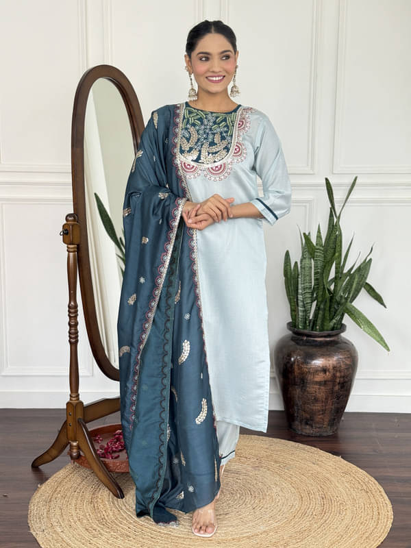    			piludi Women Chanderi Embroidered Straight Kurti With Pants ( Aqua Blue )