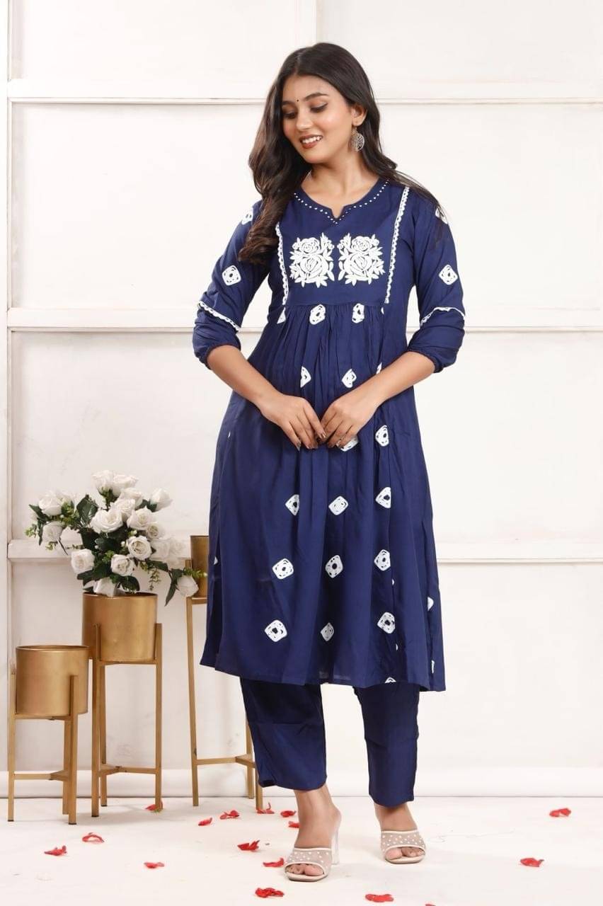     			Dekha Style Women Rayon Embroidered A-line Kurti With Pants ( Dark Blue )