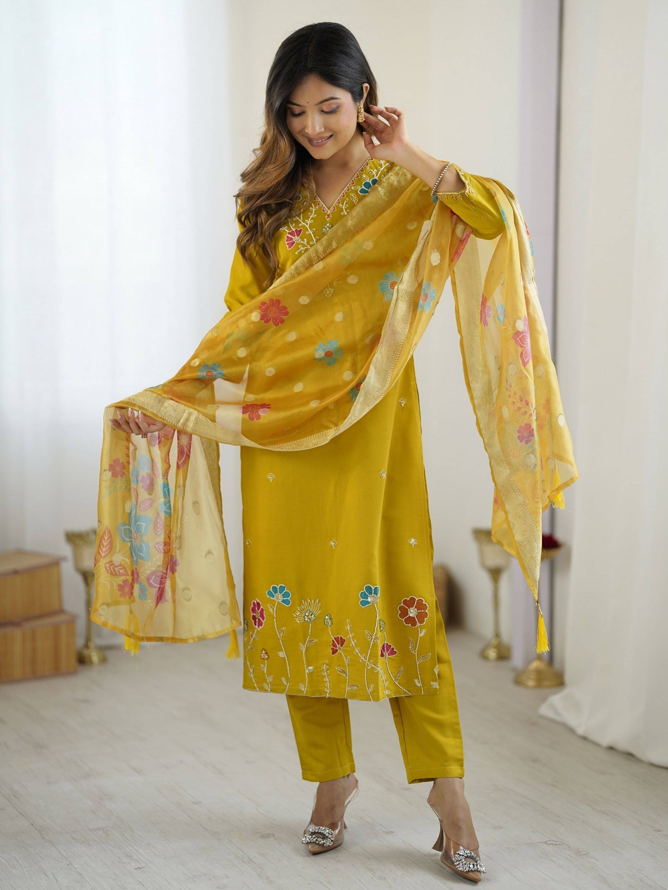     			Eeloo Women Viscose Embroidered Straight Kurti With Pants ( Yellow )
