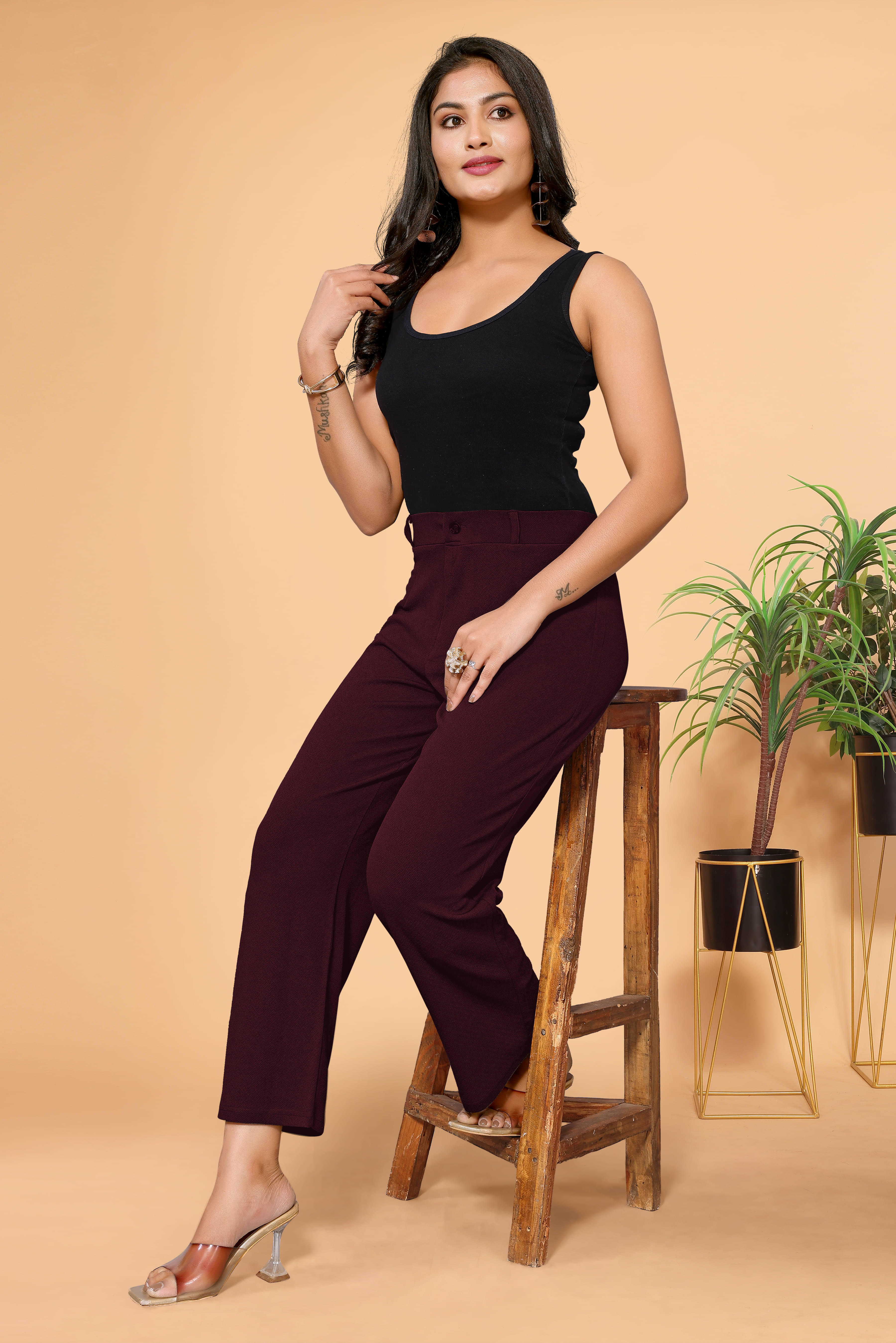     			HARPITA Women Cotton Blend Casual Trousers ( Maroon )