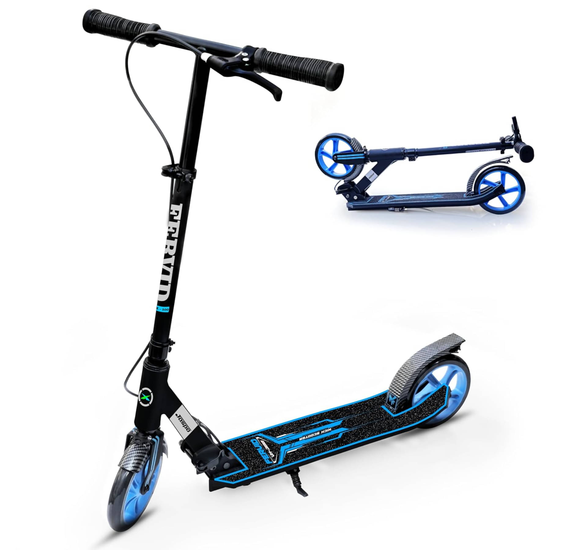     			Jaspo Fervid VX-300 Aluminum Kick Scooter 175MM PU Wheels, Weight Limit 120 Kg,Front Rear Brakes,Grip Surface,for Tar Roads,3 Size Adjustments for Kids Youth & Adults (Fervid, Blue & Black)