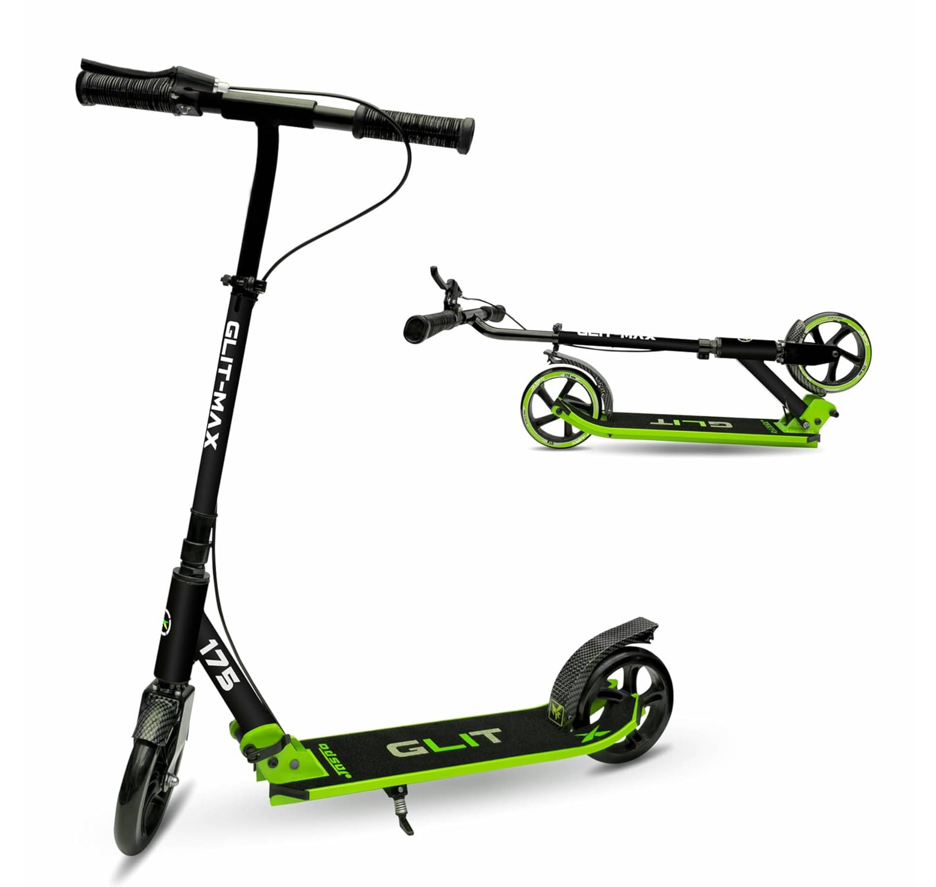     			Jaspo Glitmax Metal Kick Scooter 175MM PU Wheels, Weight Limit 120 Kg,Front Rear Brakes,Grip Surface,for Tar Roads,3 Size Adjustments for Kids Youth & Adults (Glitmax, Green)