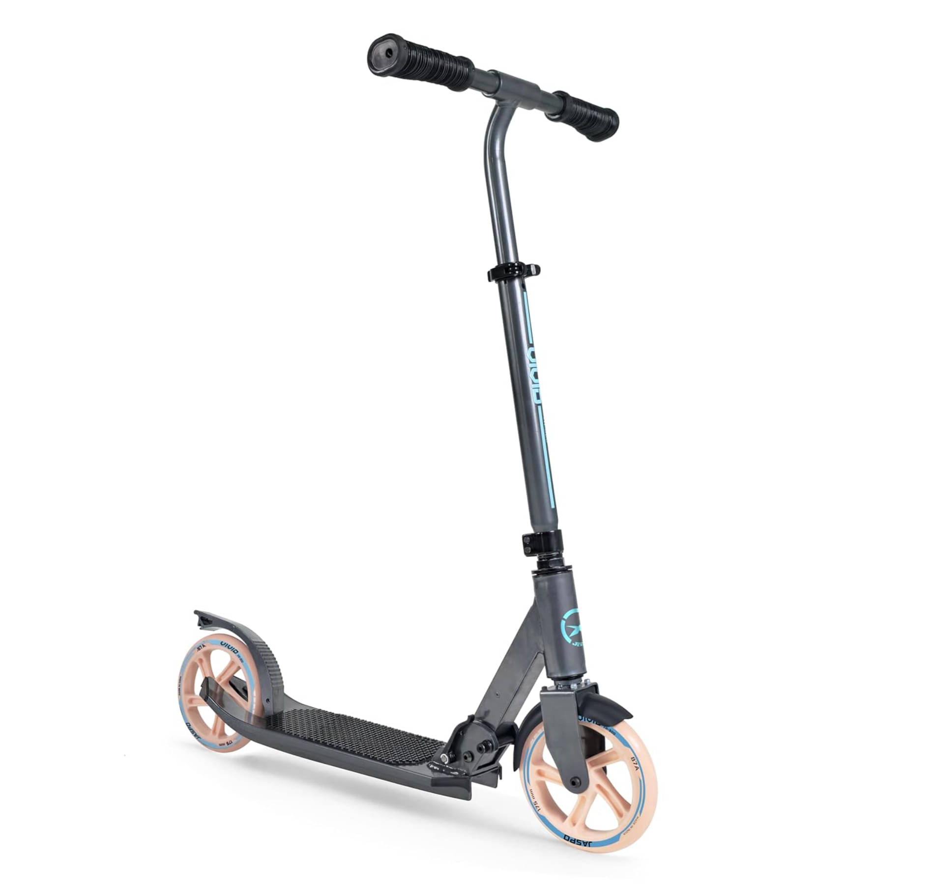     			Jaspo Vivid Kick Scooter 175MM PU Wheels, Weight Limit 120 Kg,Rear Brakes,Rubber Grip Surface,for Tar Roads,3 Size Adjustments for Kids Youth & Adults (Vivid, Grey)