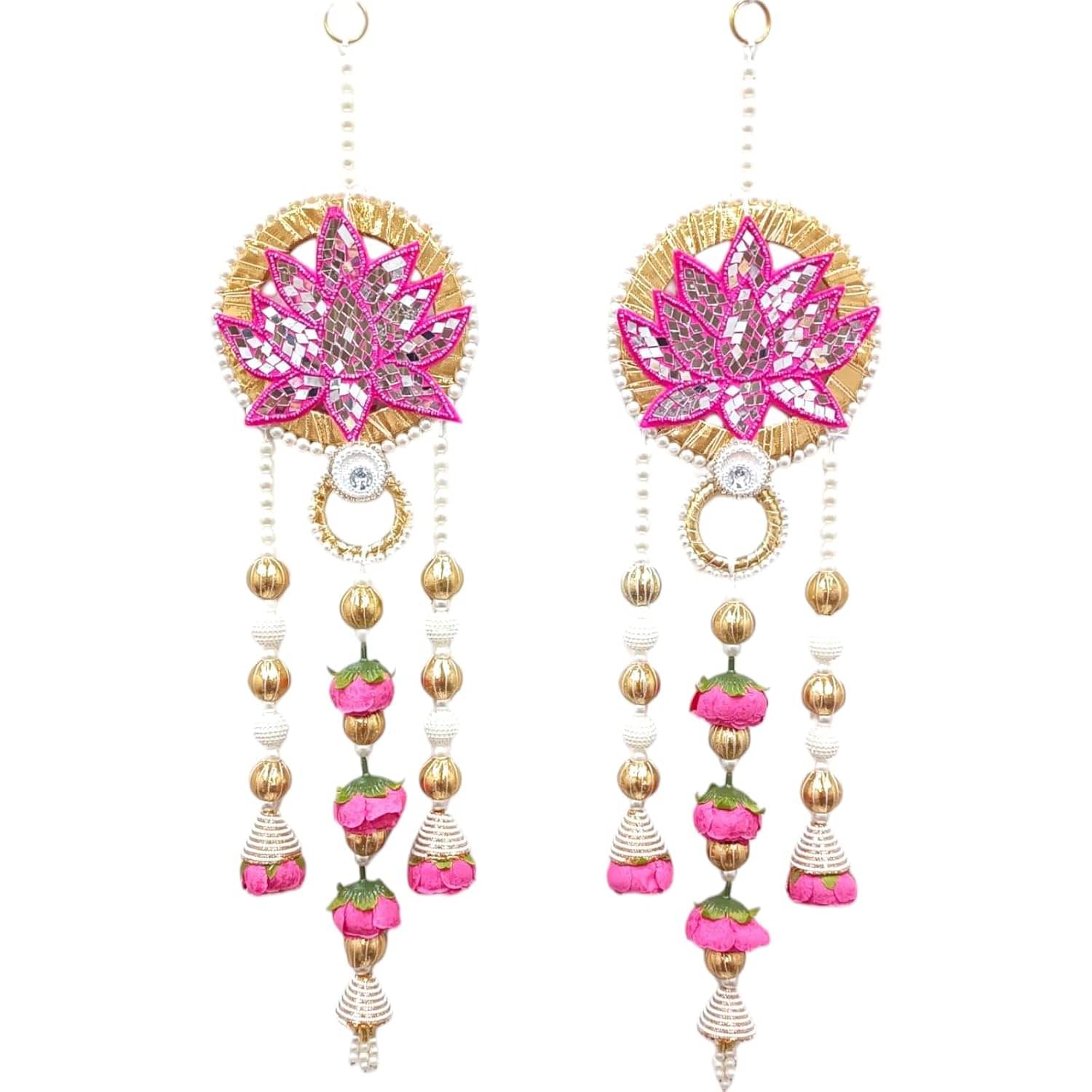    			KOOGLY Handcrafted Floral Wall Hanging, Pink and Gold Lotus Design with Pearl Beads, Traditional Indian Decor Pair