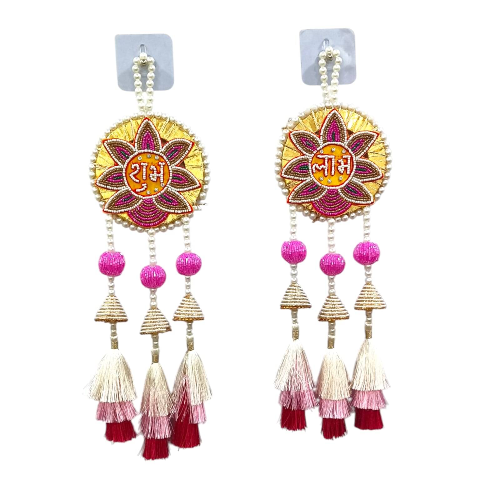     			KOOGLY Traditional Handcrafted Lotus Design Wall Hanging, Pink and Gold, Pearl Beaded Tassels, Religious Decor with Sanskrit Text