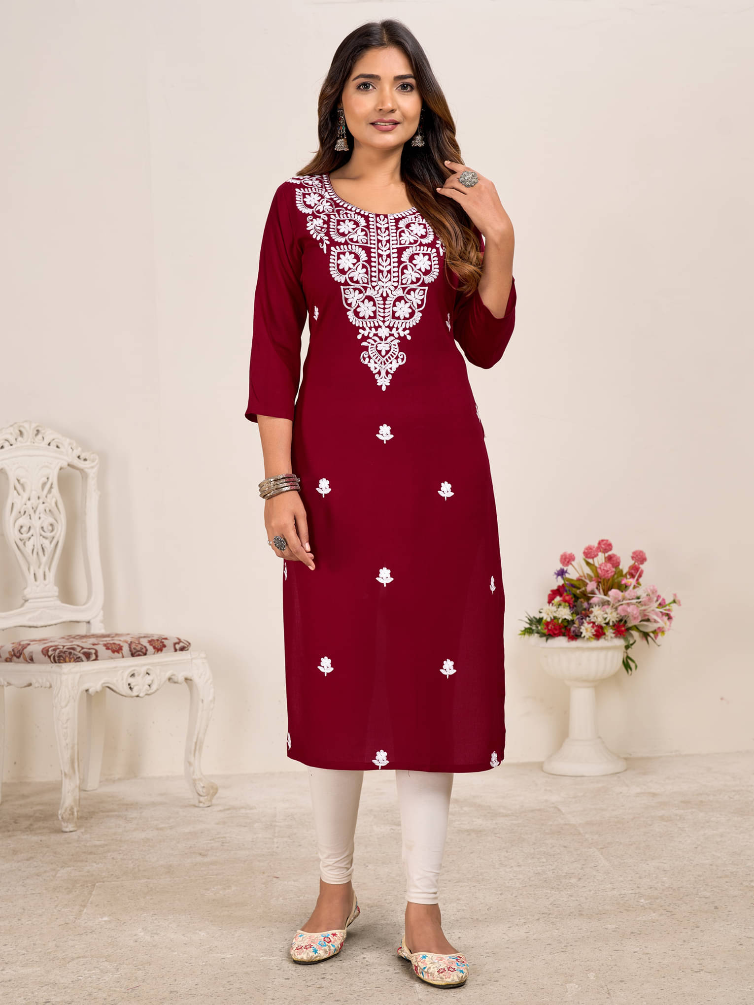 Larqi Women Viscose Rayon Chikankari Straight Kurti ( Maroon )     			Larqi Women Viscose Rayon Chikankari Straight Kurti ( Maroon )