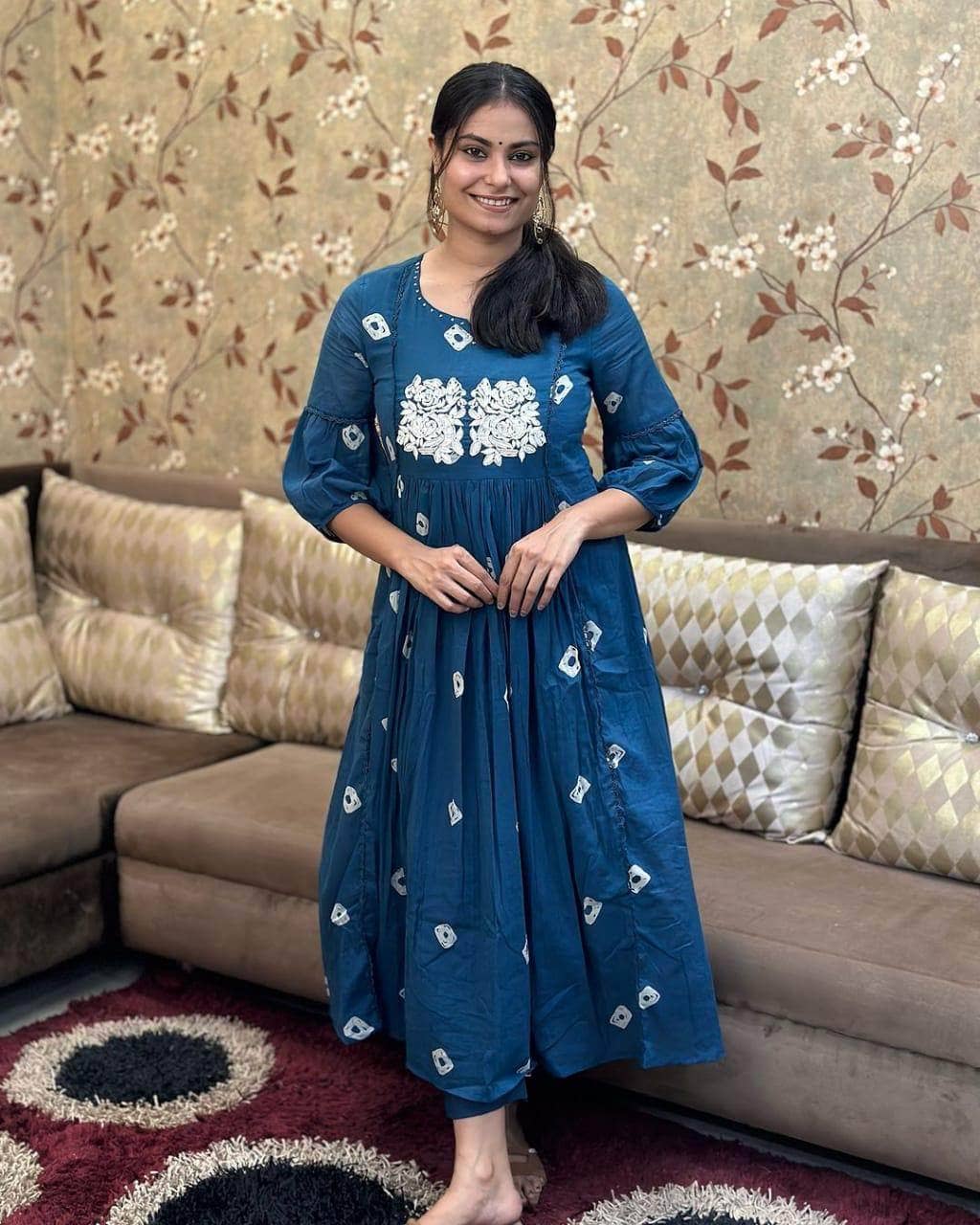 Lee Moda Women Rayon Embroidered Flared Kurti With Pants ( Blue )
