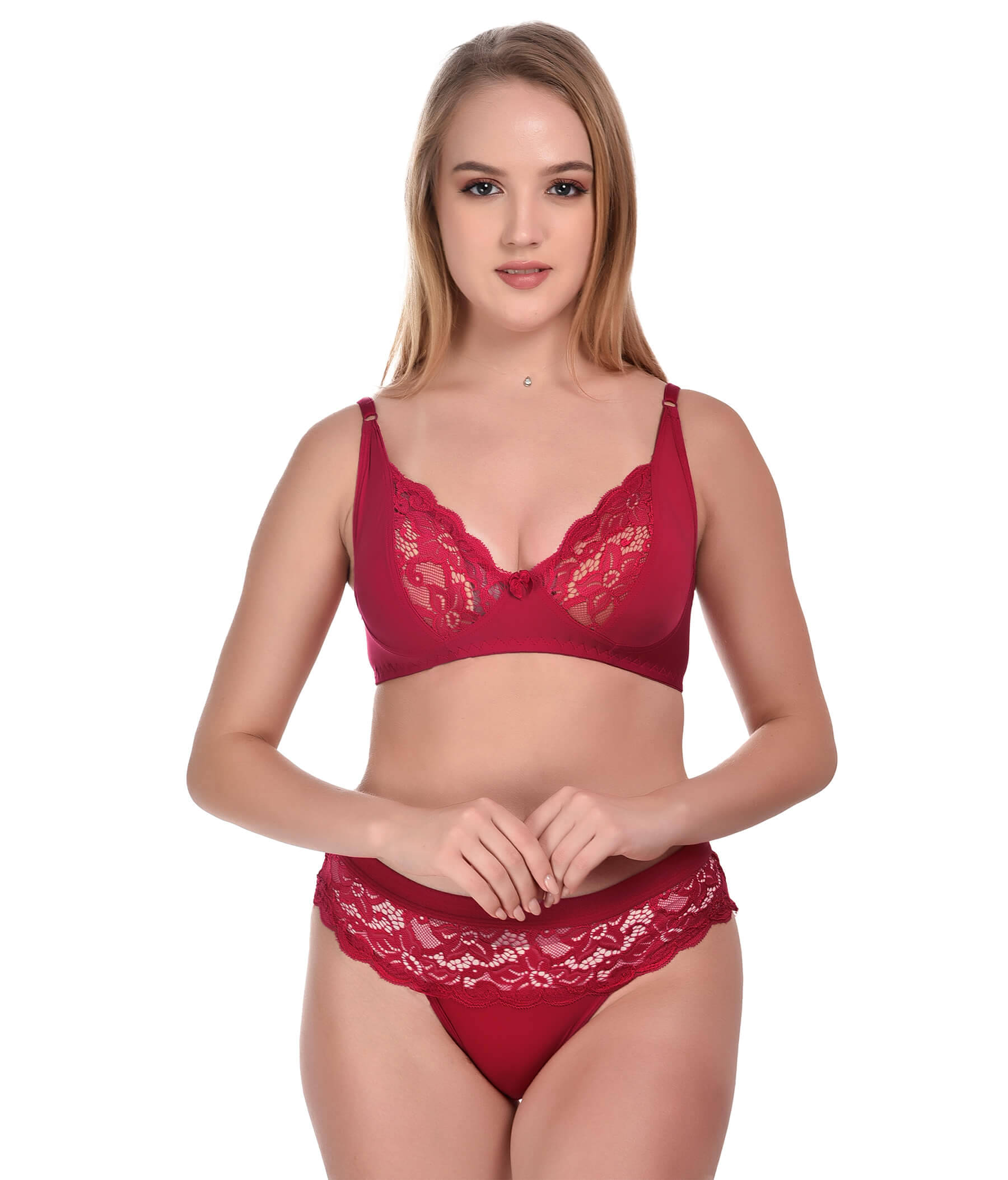     			Lushmod Net/Mesh Non Padded Bra & Panty Set ( Maroon , Pack of 1 )