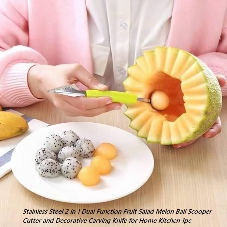 Meghal Stainless Steel 2 in 1 Dual Function Fruit Salad Melon Ball Scooper Cutter and Decorative Carving Knife for Home Kitchen 1pc Meghal Stainless Steel 2 in 1 Dual Function Fruit Salad Melon Ball Scooper Cutter and Decorative Carving Knife for Home Kitchen 1pc