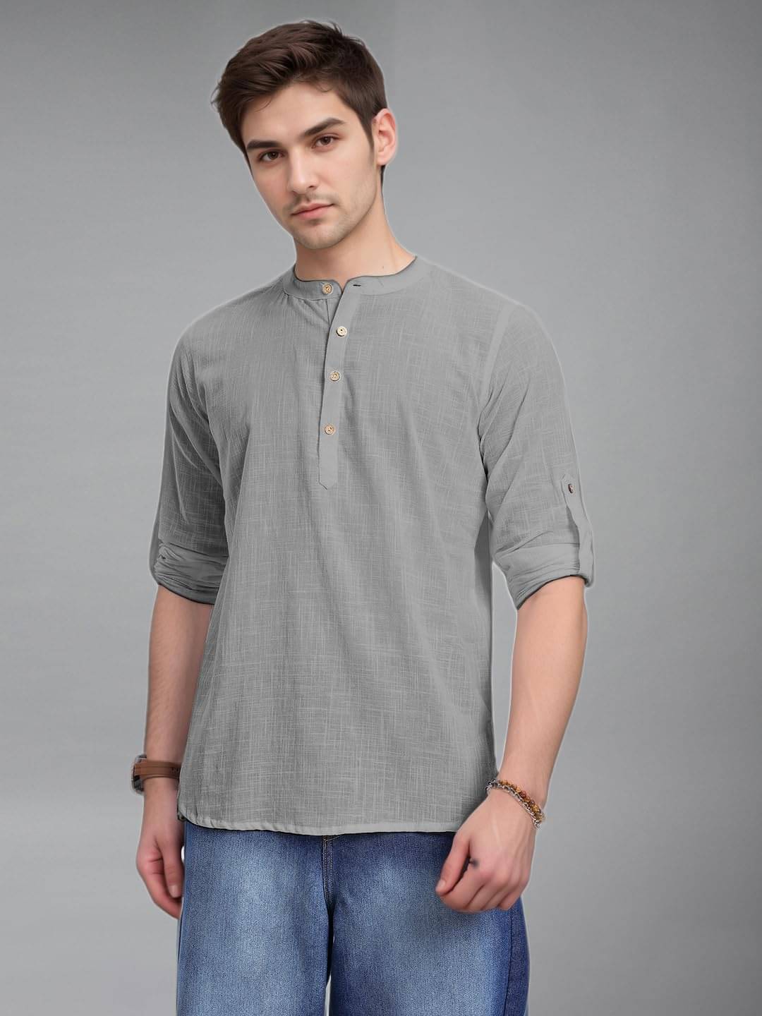     			Navkanj Grey Cotton Blend Men's Shirt Style Kurta ( Pack of 1 )
