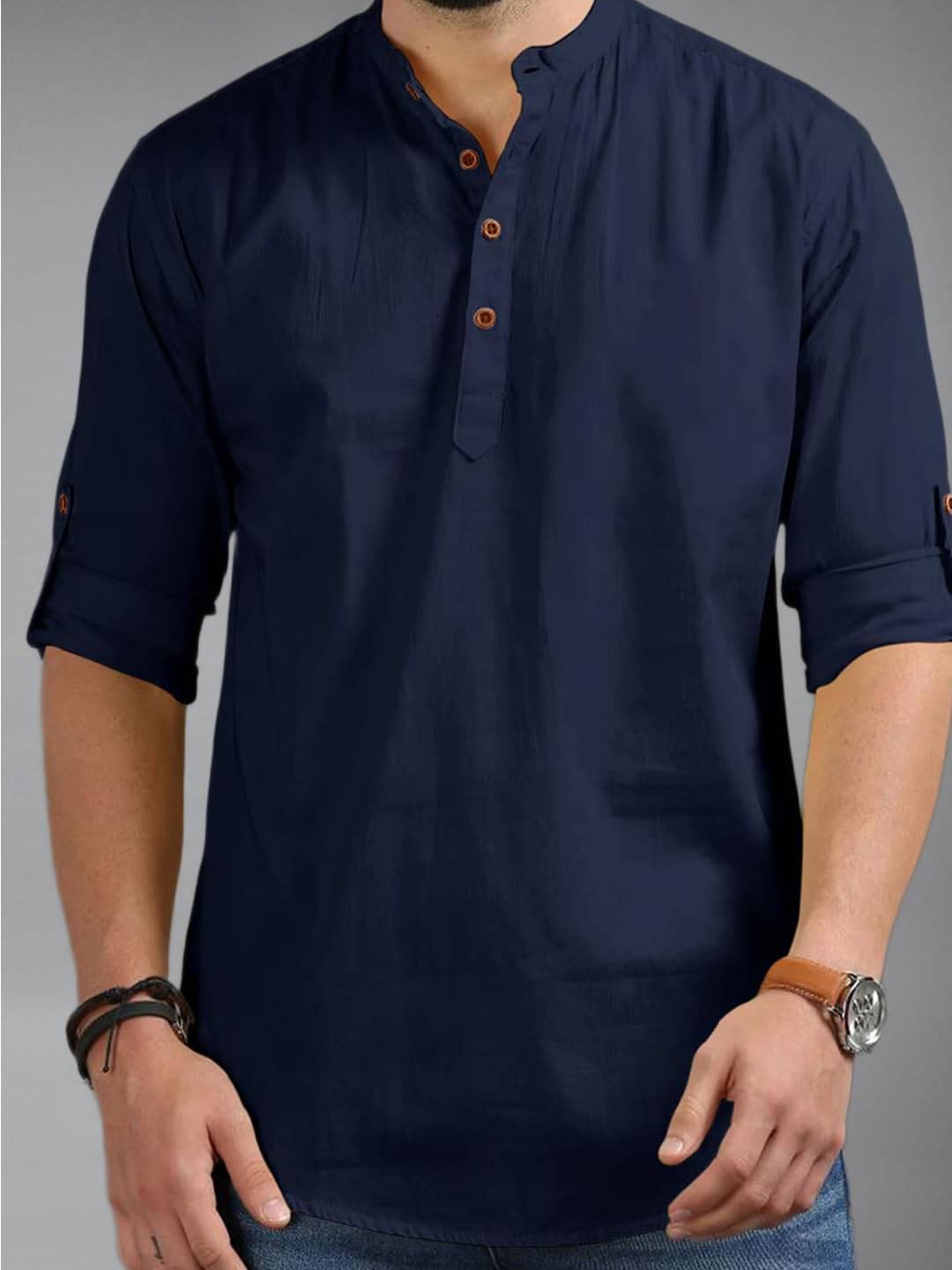     			Navkanj Navy Blue Cotton Blend Men's Shirt Style Kurta ( Pack of 1 )