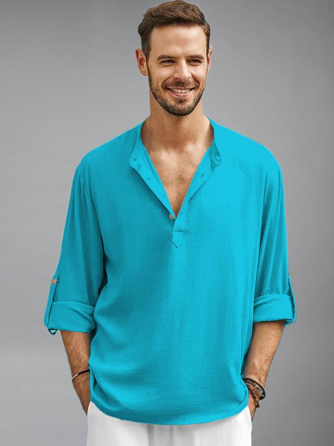 Navkanj Turquoise Cotton Blend Men's Shirt Style Kurta ( Pack of 1 )     			Navkanj Turquoise Cotton Blend Men's Shirt Style Kurta ( Pack of 1 )