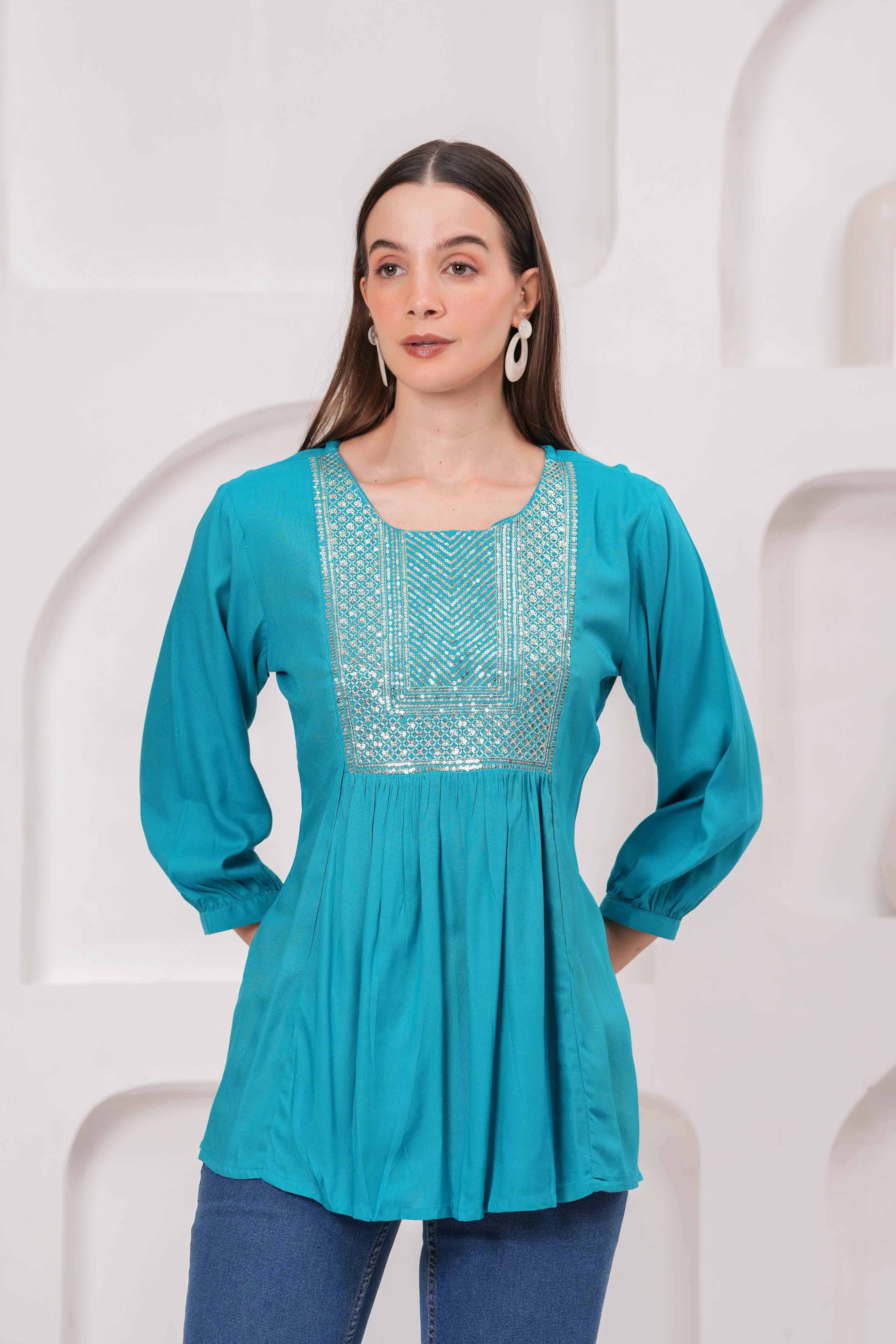 Oh Mi Dios Women's Rayon Regular Top ( Teal ) Oh Mi Dios Women's Rayon Regular Top ( Teal )