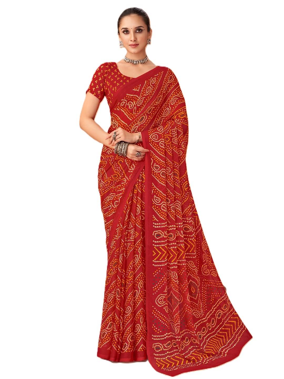     			PANZORA Chiffon Printed Regular Saree With Unstitched Blouse Piece ( Red )