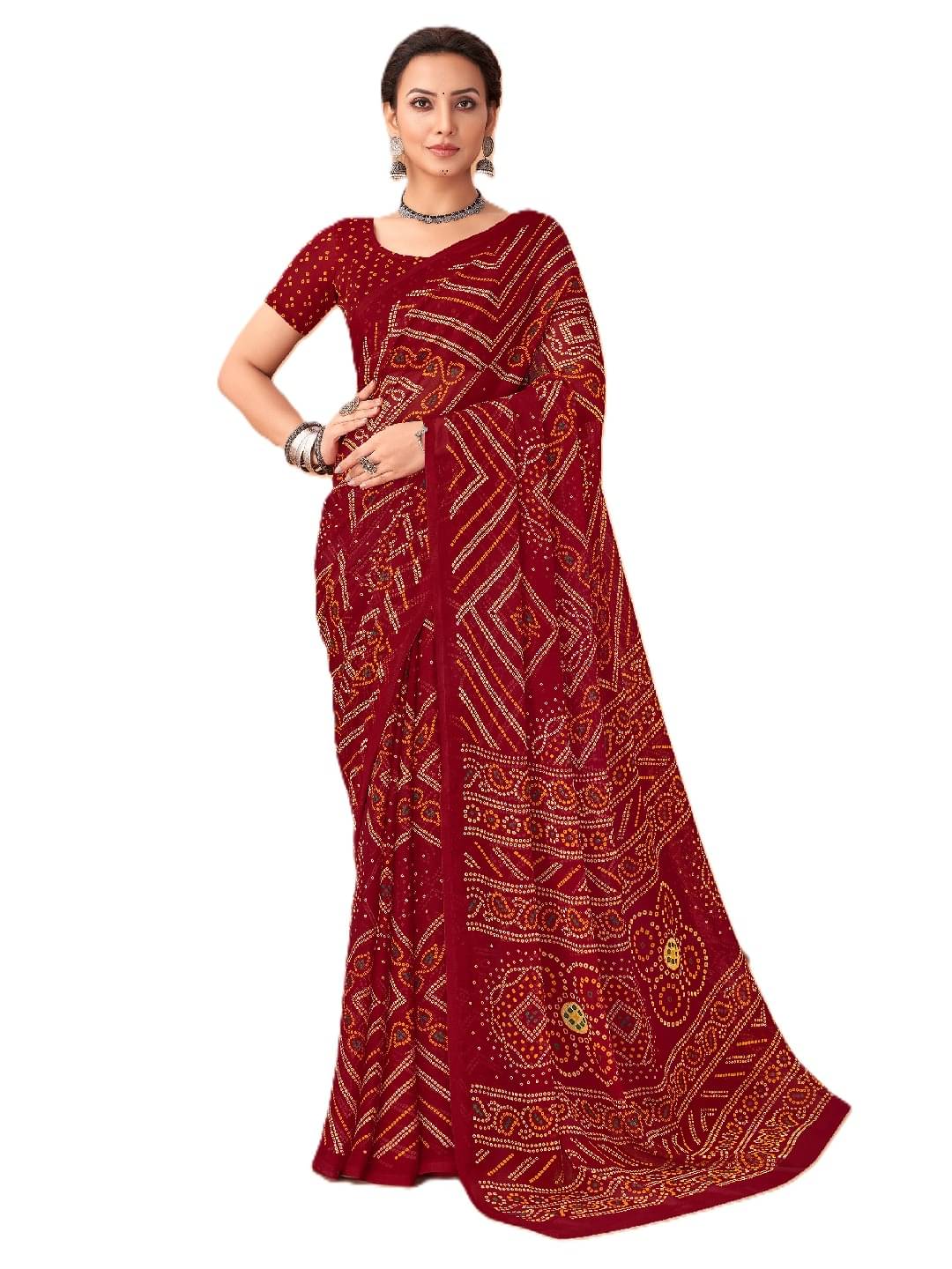 PANZORA Chiffon Solid Regular Saree With Unstitched Blouse Piece ( Rust )     			PANZORA Chiffon Solid Regular Saree With Unstitched Blouse Piece ( Rust )