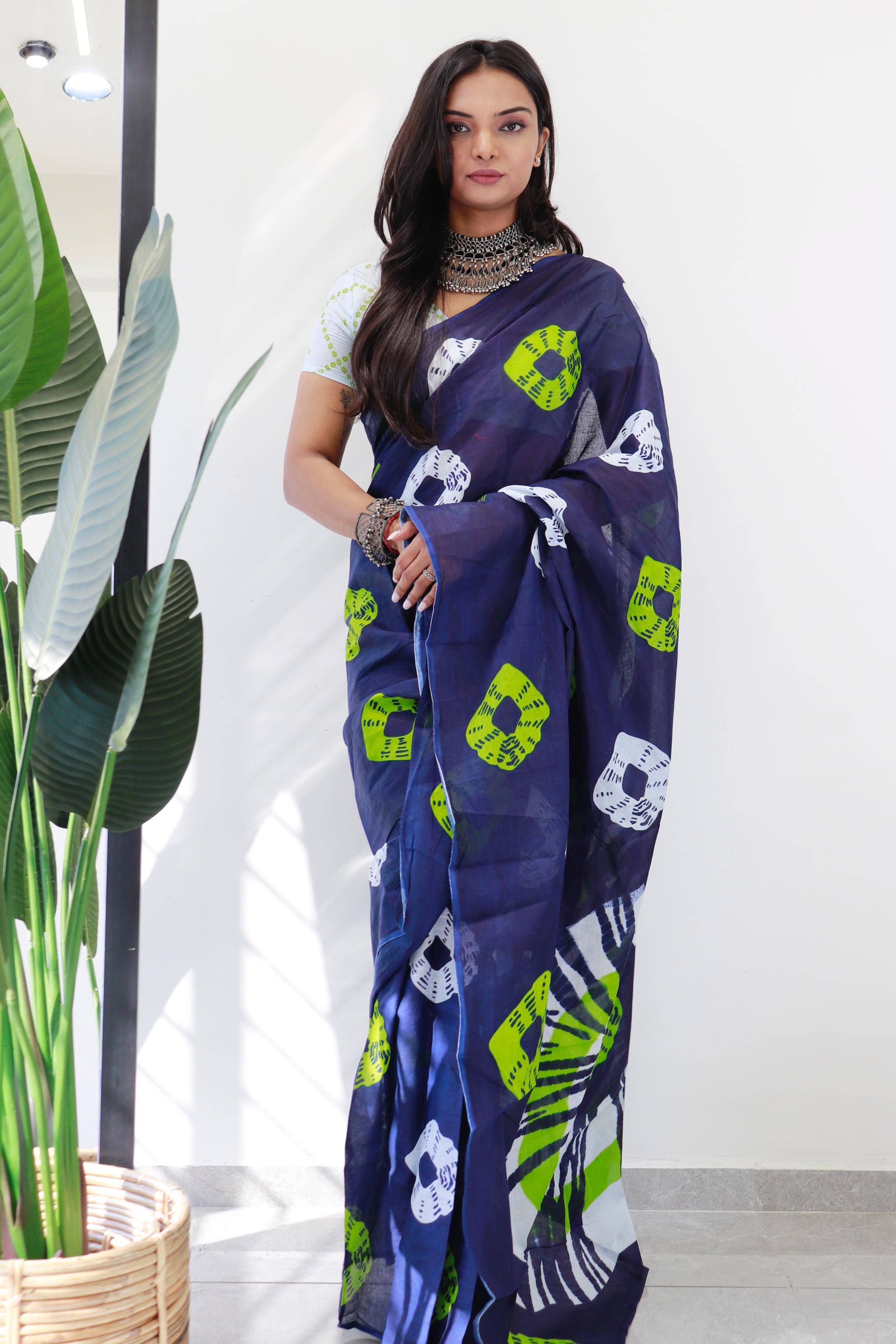     			PANZORA Cotton Blend Printed Regular Saree With Unstitched Blouse Piece ( Blue )